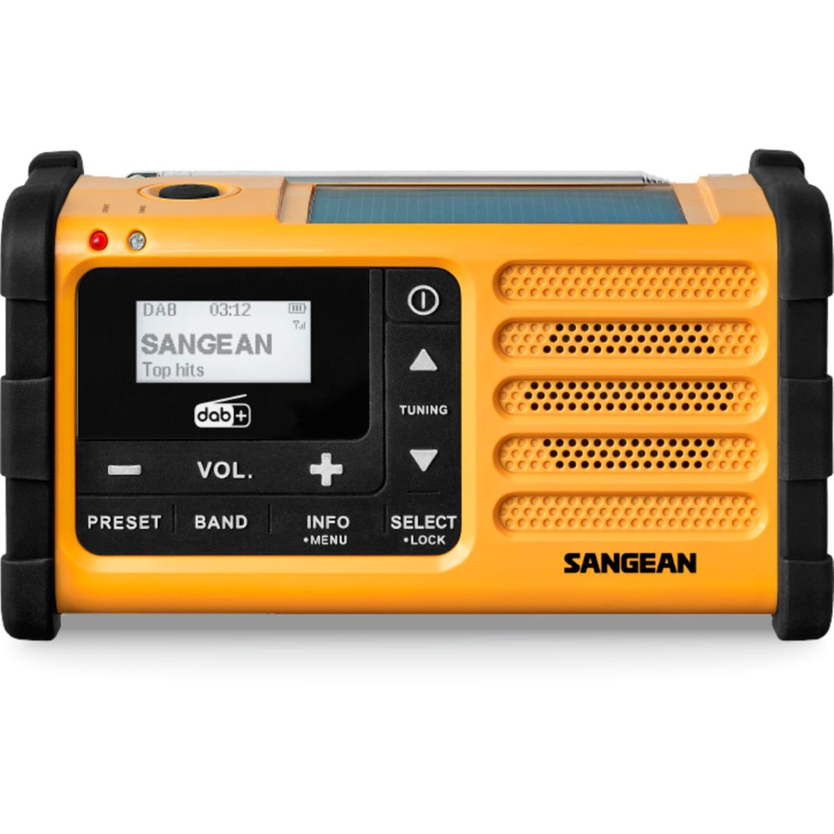 Una radio Sangean arancione con un display che mostra le informazioni sulla stazione. Ha pulsanti per preset, banda, info, selezione e controllo del volume.