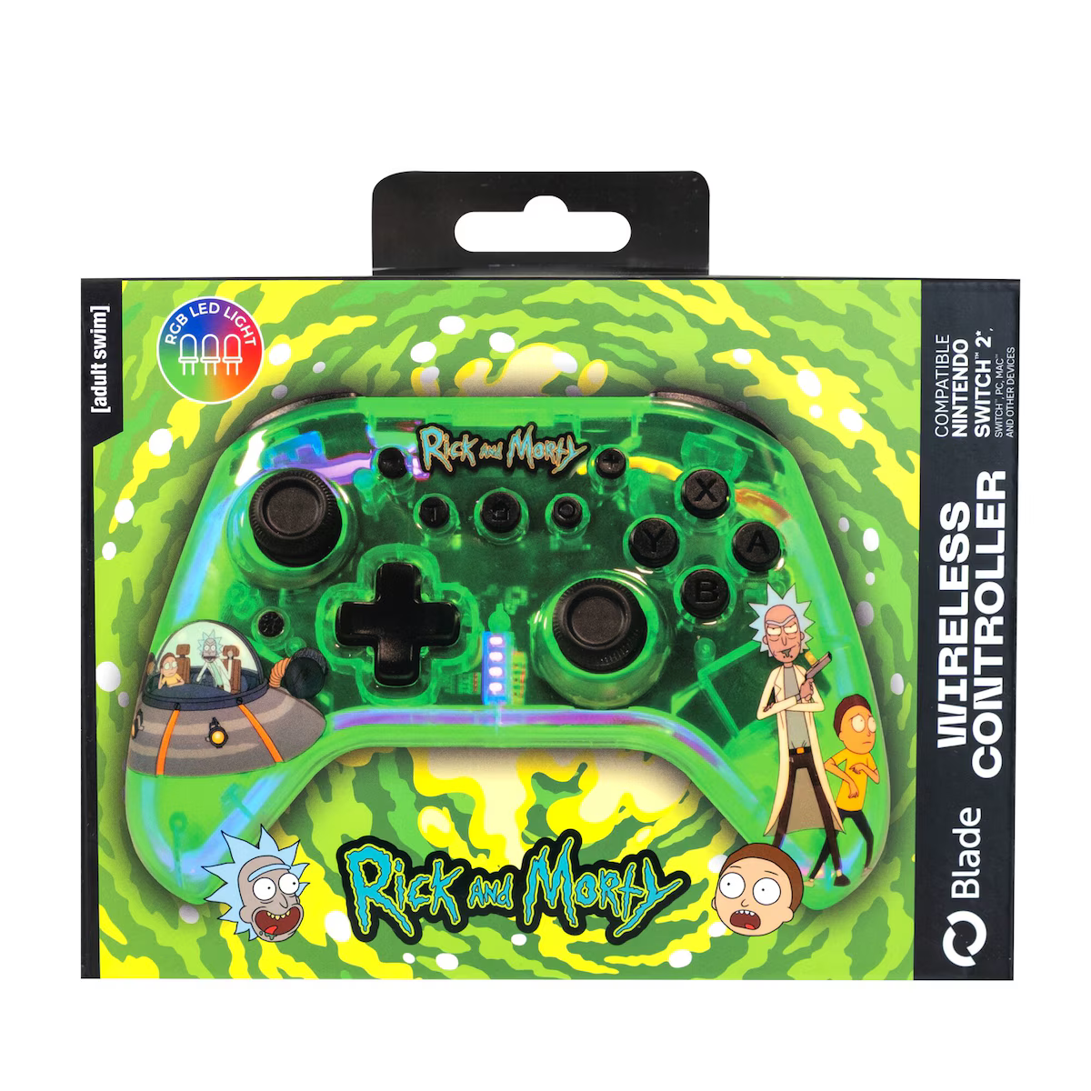 Un controller wireless verde di Rick and Morty. La scatola mostra i personaggi Rick e Morty, con il controller all'interno.