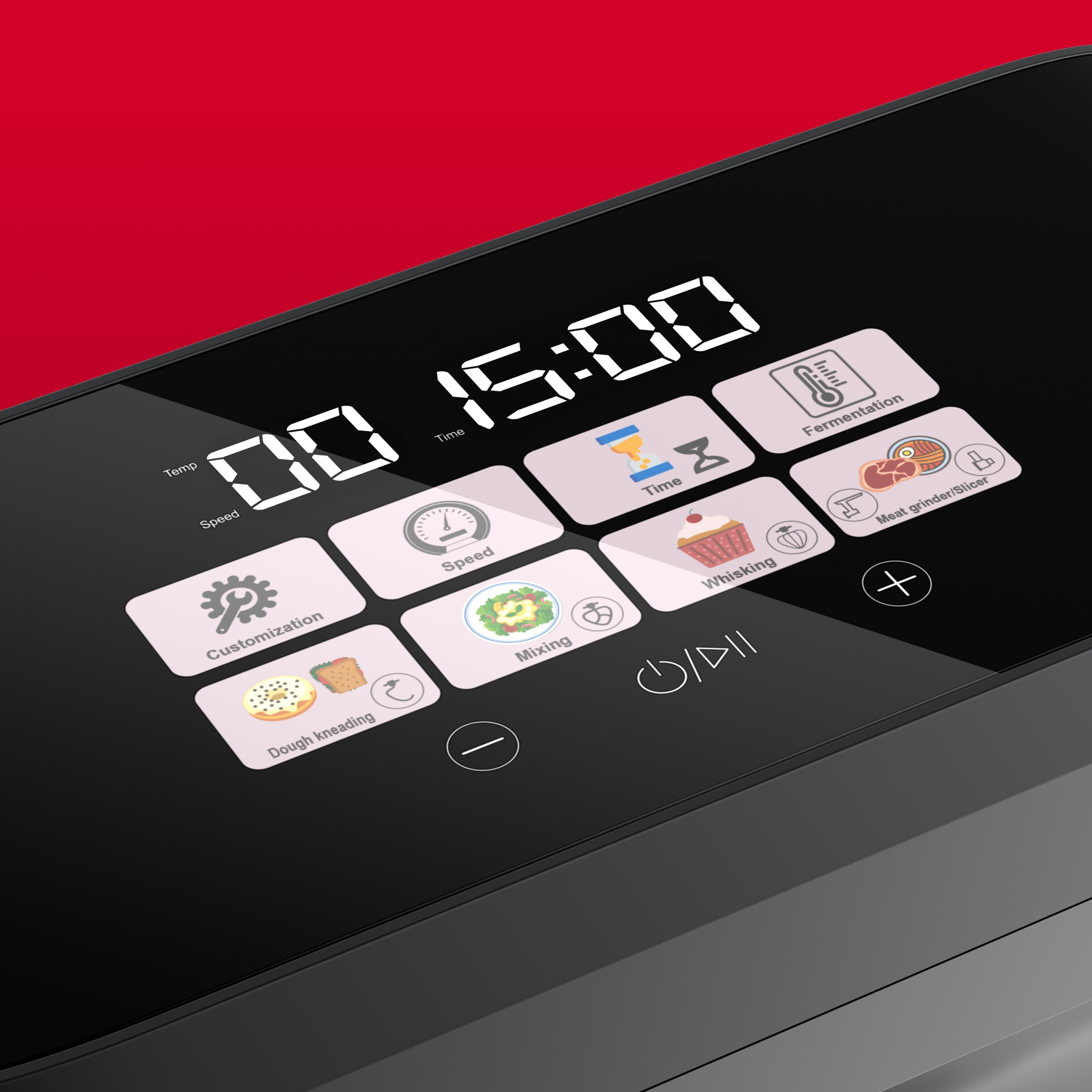 Zbliżenie ekranu robota kuchennego. Pokazuje 00:15:00 i ikony prędkości, czasu i funkcji.