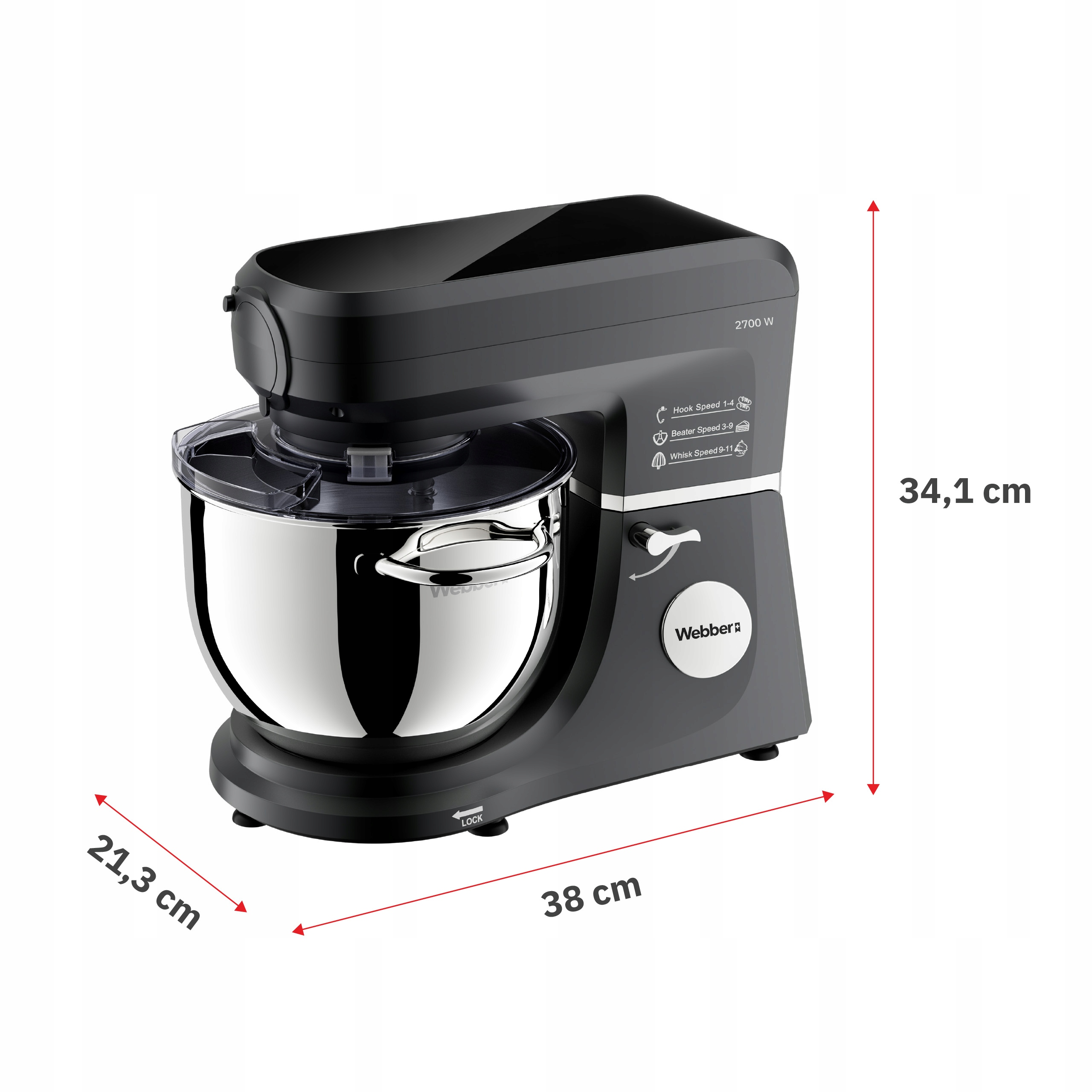 Czarny mikser stojący Webber z misą ze stali nierdzewnej. Wymiary są wskazane. Zawiera ustawienia prędkości.