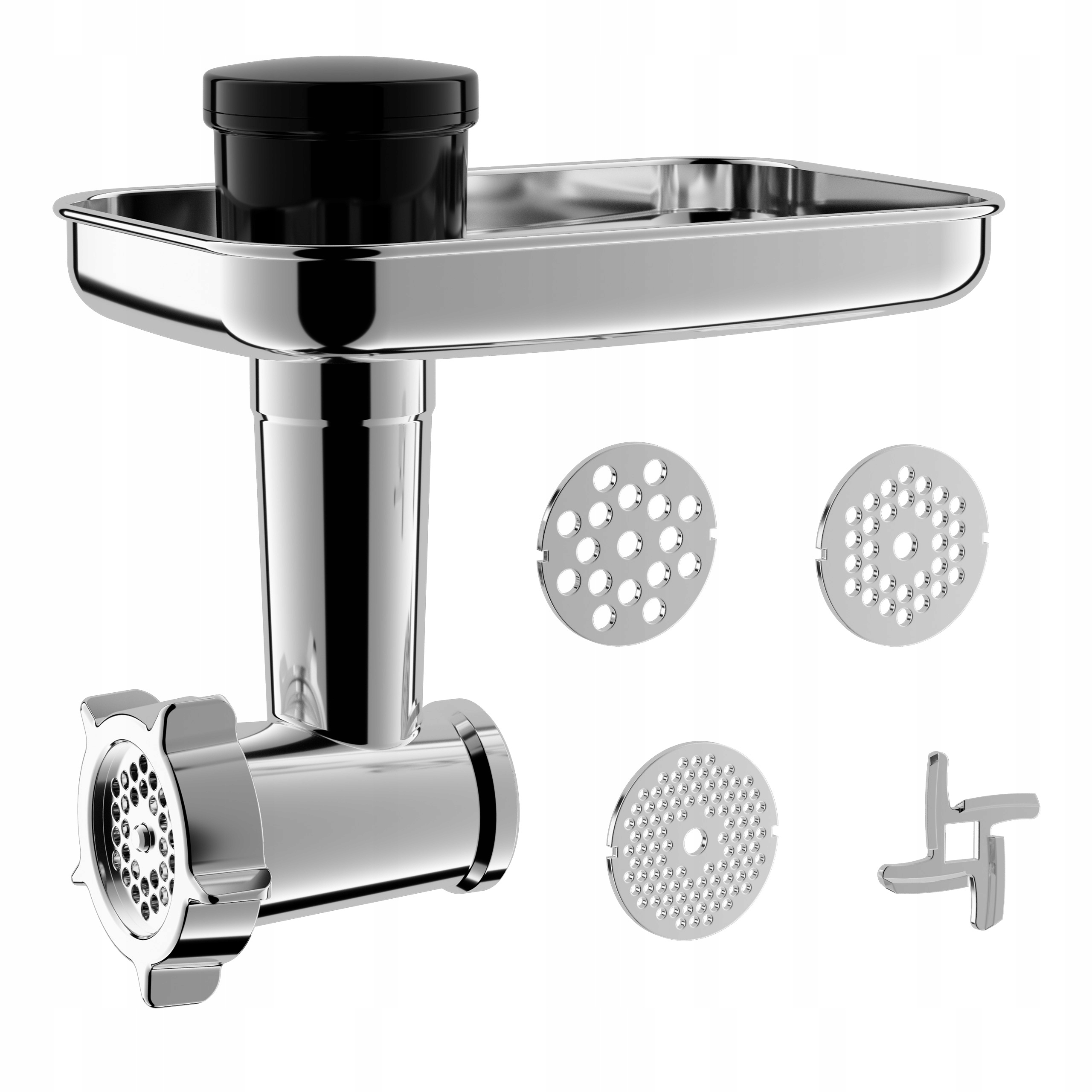 Metalowa maszynka do mielenia mięsa z czarnym blatem i kilkoma perforowanymi ostrzami. Jest na białym tle.