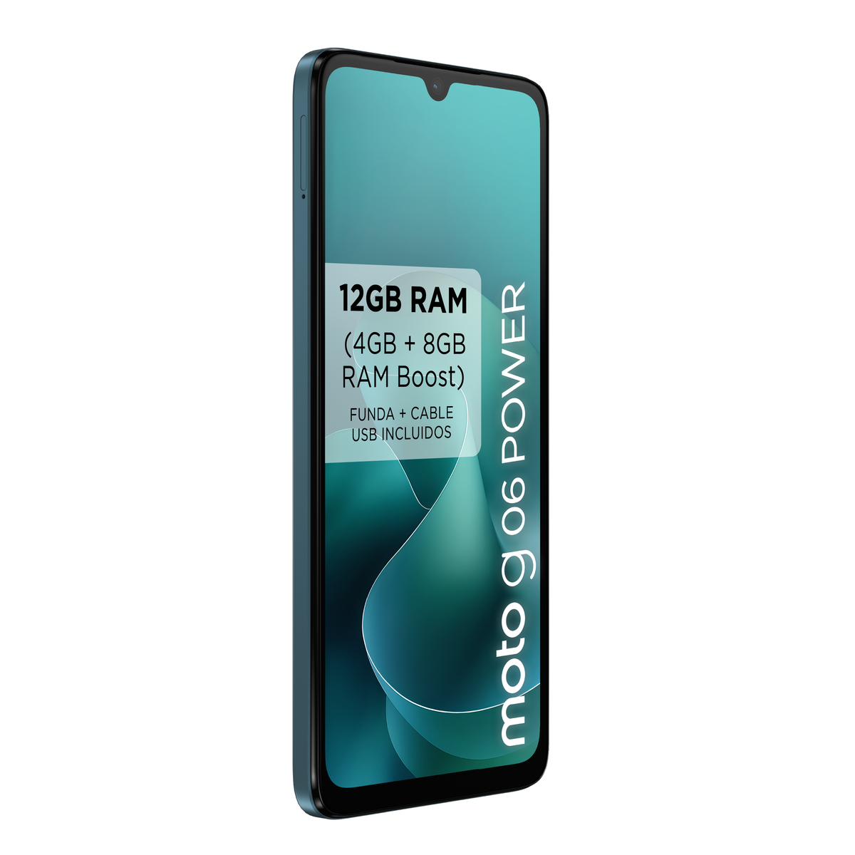 Smartfon z turkusowym ekranem, wyświetlający '12GB RAM', 'moto g06 POWER' i inne specyfikacje. Telefon jest turkusowy na białym tle.
