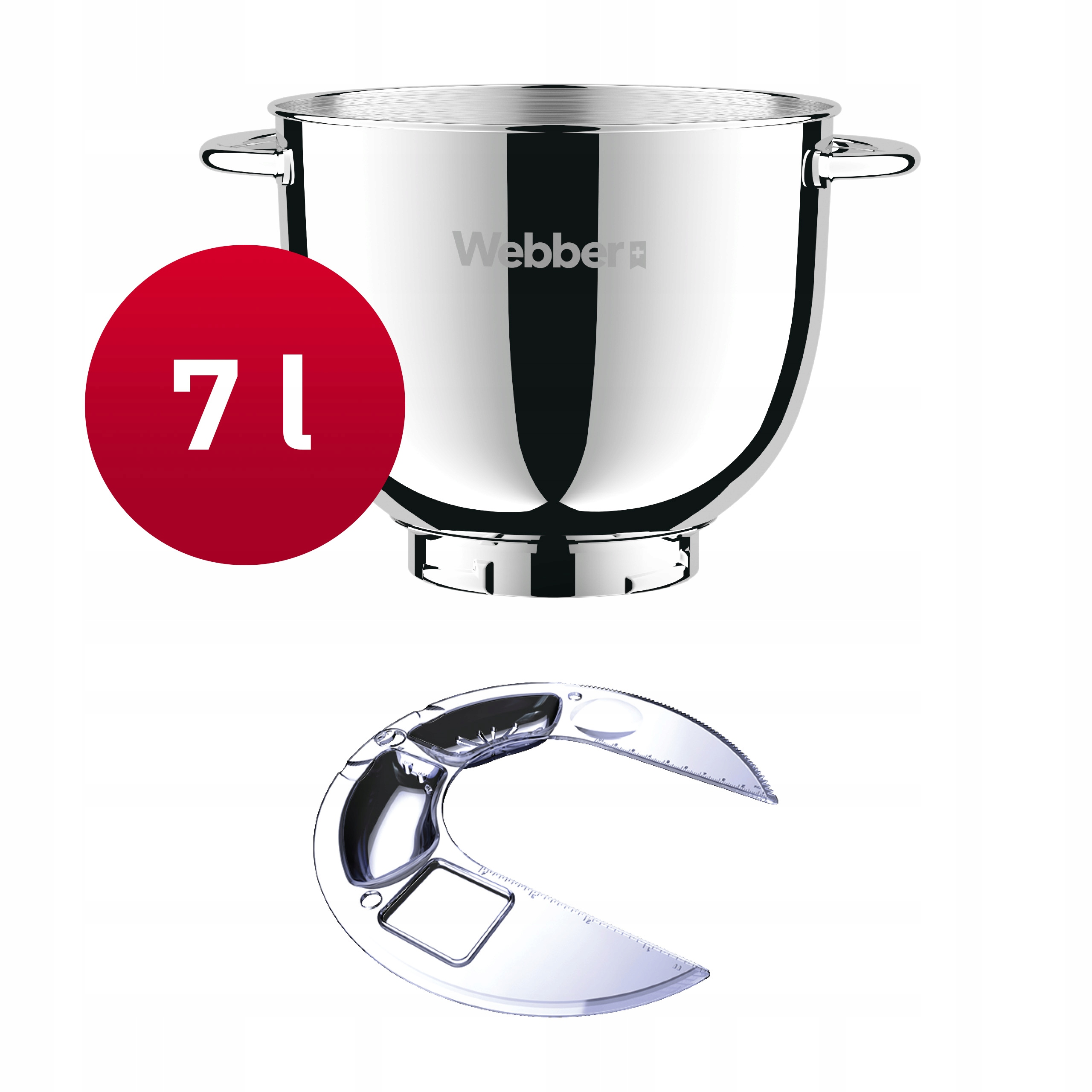 Garnek ze stali nierdzewnej z uchwytami i czerwonym okręgiem z napisem '7L'. Poniżej krajalnica.