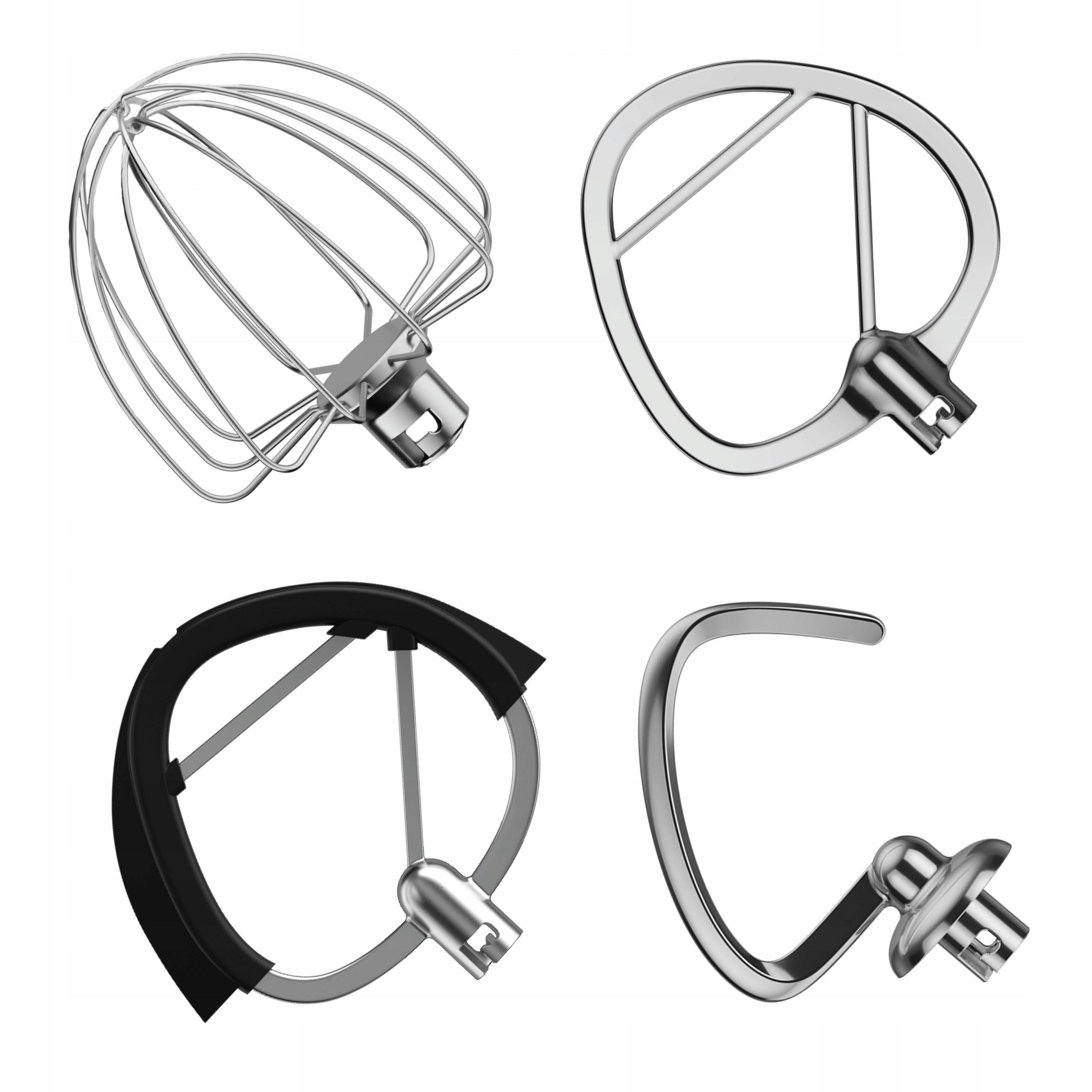 Cztery nasadki miksera ze stali nierdzewnej: trzepaczka, ubijak, hak do ciasta i ubijak płaski, na białym tle.