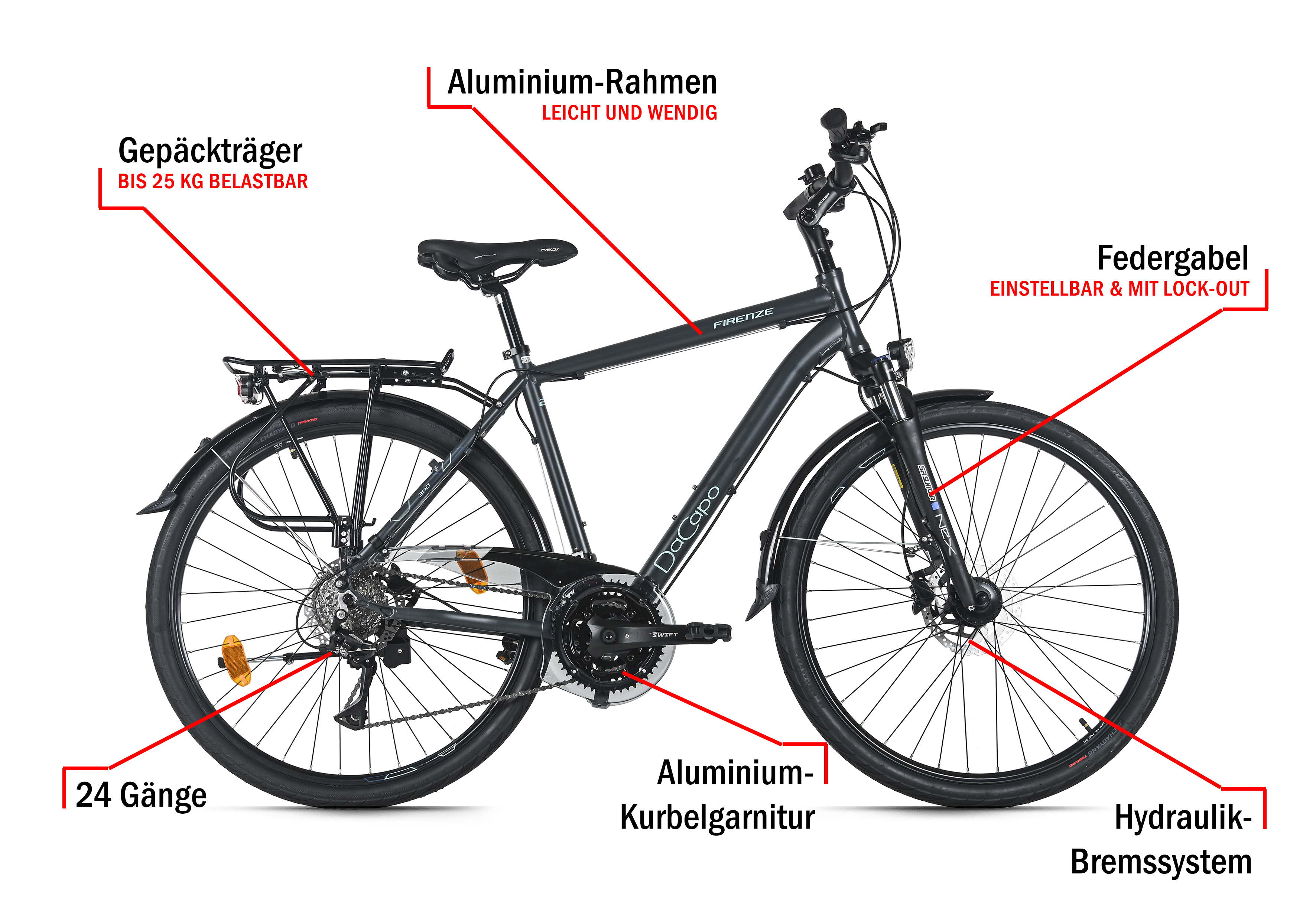 Dunkelgraues Fahrrad mit Beschriftungen: 24 Gänge, Alurahmen, Hydraulikbremsen.