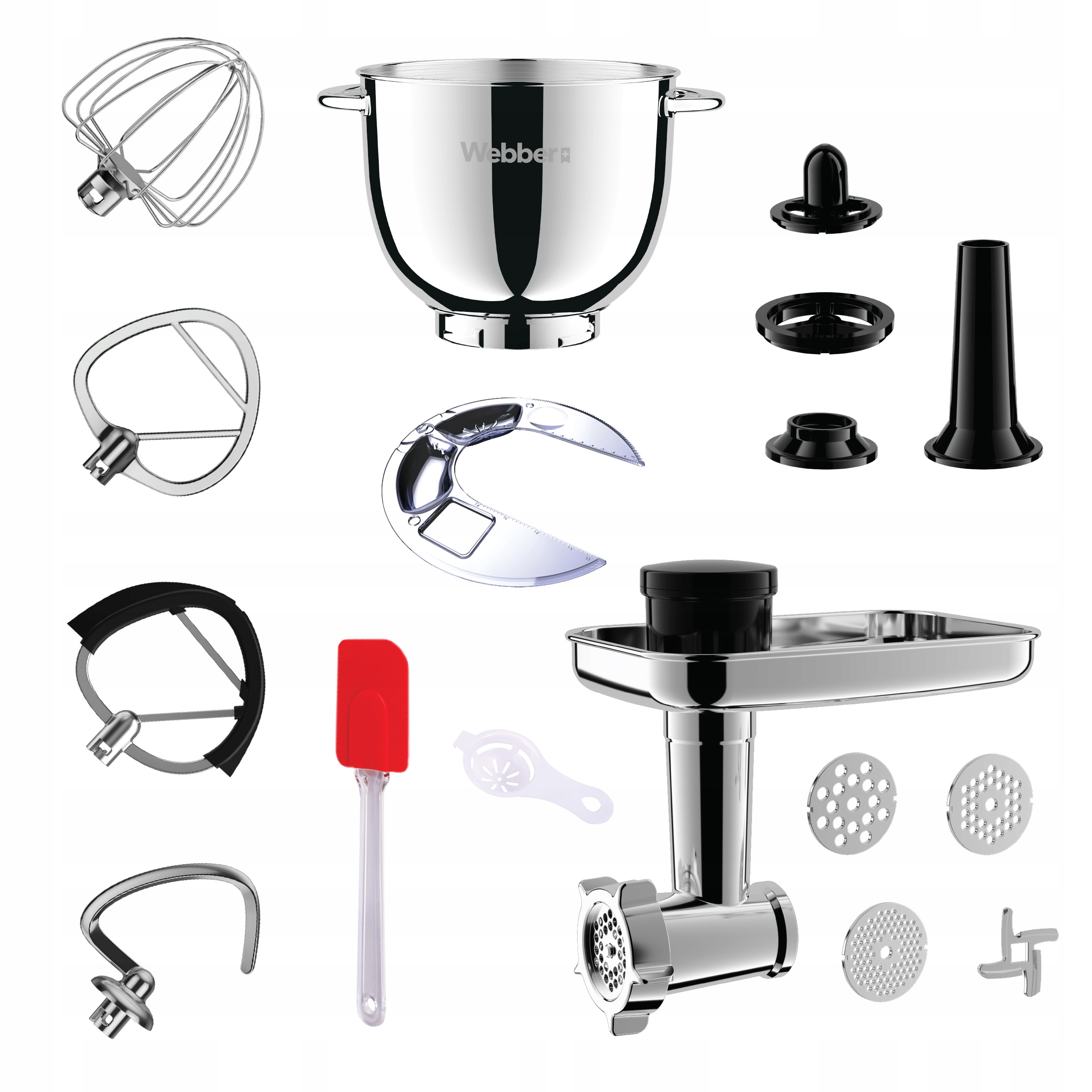 Obraz przedstawia części sprzętu kuchennego: miskę, nasadki, maszynkę do mięsa, szpatułkę, separator jajek.