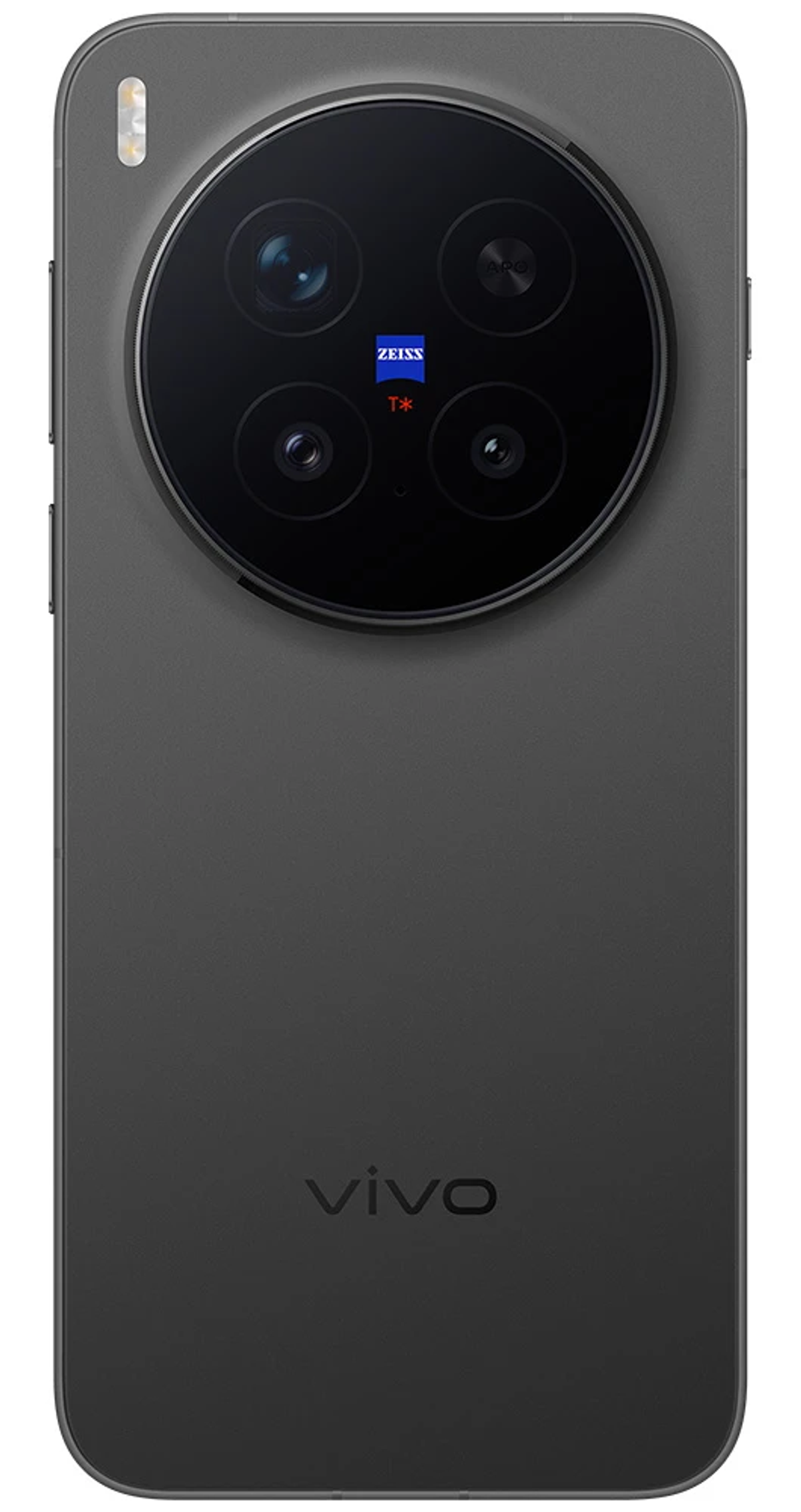 Ciemnoszary tył smartfona. Okrągły moduł aparatu z logo Zeiss. Lampa błyskowa u góry. Logo Vivo na dole.
