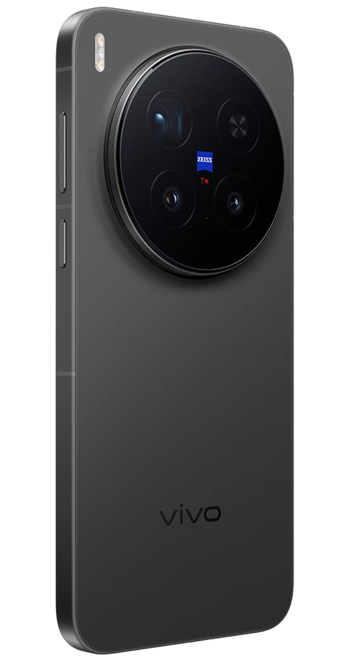 Ciemnoszary smartfon z dużym modułem aparatu. Moduł ma cztery obiektywy, lampę błyskową i logo Zeissa. Logo vivo jest widoczne.