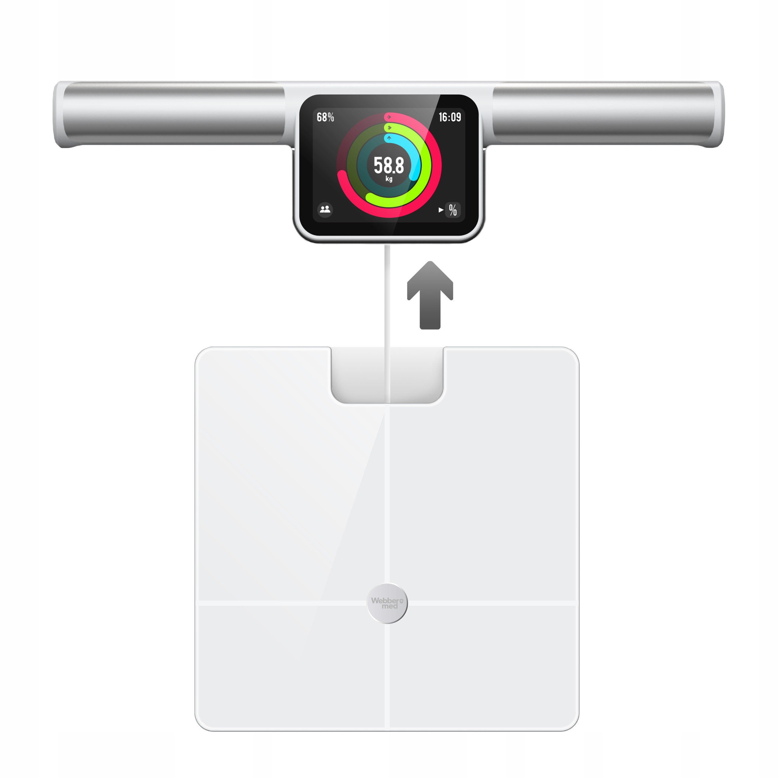 Biała waga z ekranem wyświetlającym wagę. Szara strzałka wskazuje z ekranu na wagę.