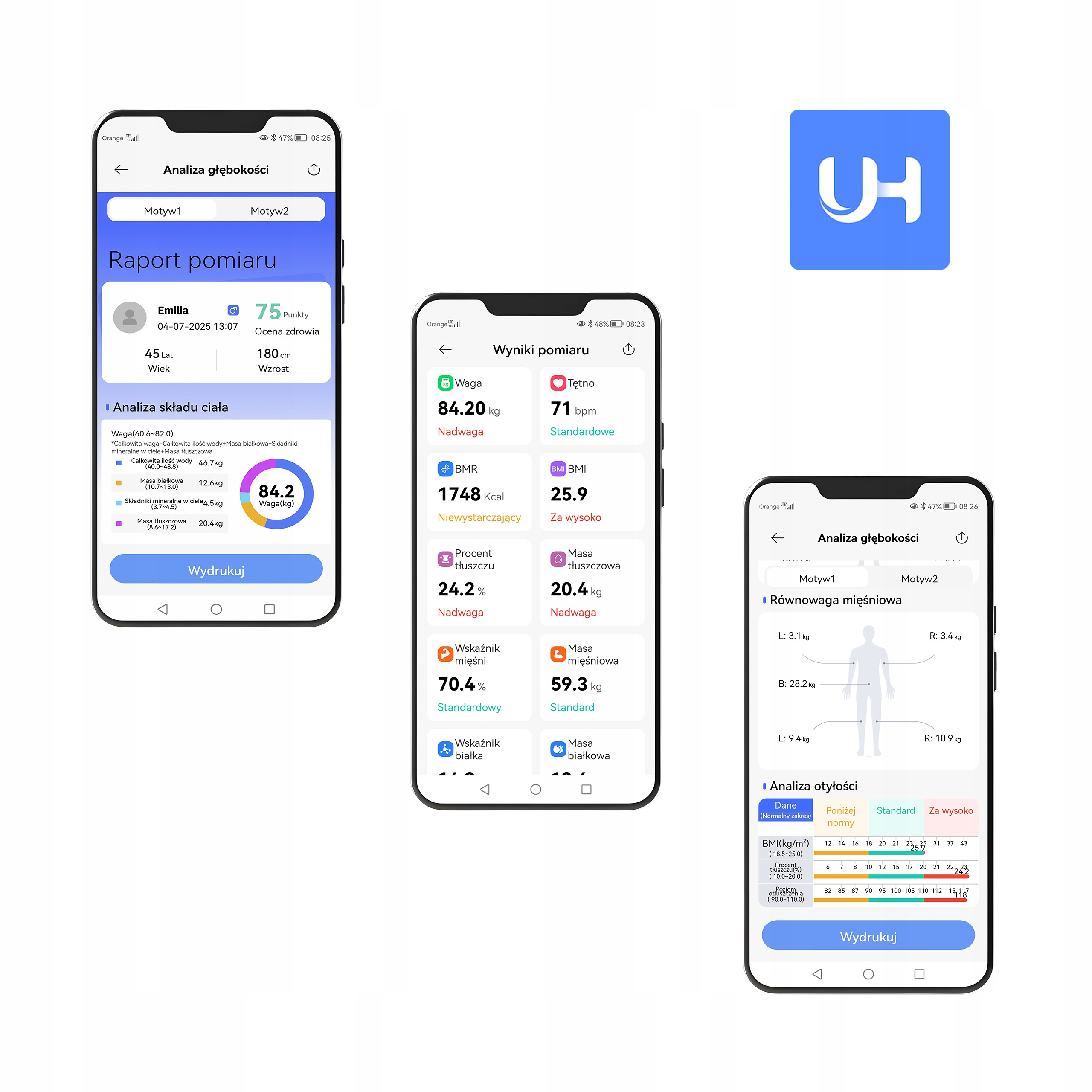 Trzy ekrany telefonów komórkowych wyświetlające dane zdrowotne i niebieskie logo na białym tle.