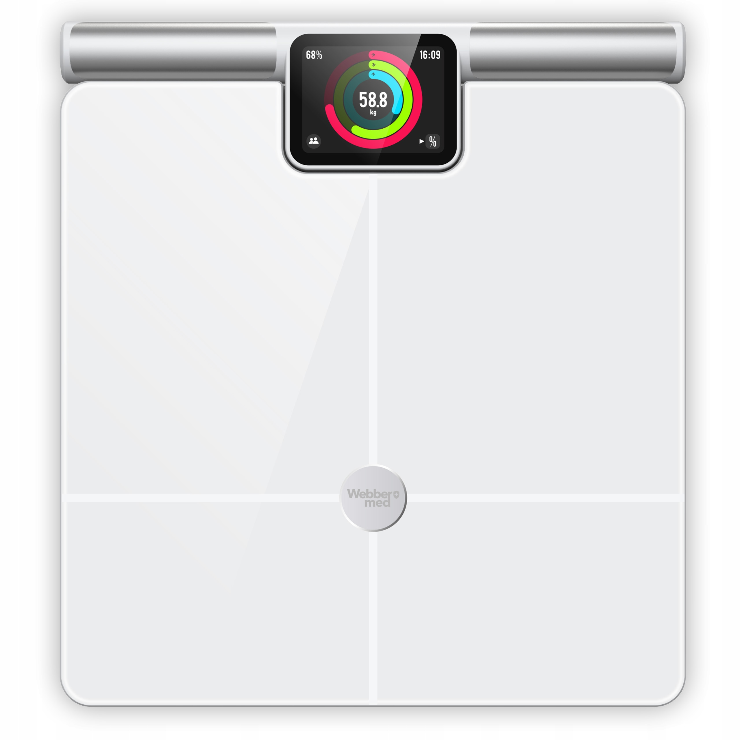 Biała waga cyfrowa z ekranem wyświetlającym wagę w kg. Metalowy pręt u góry. Marka Webber med.