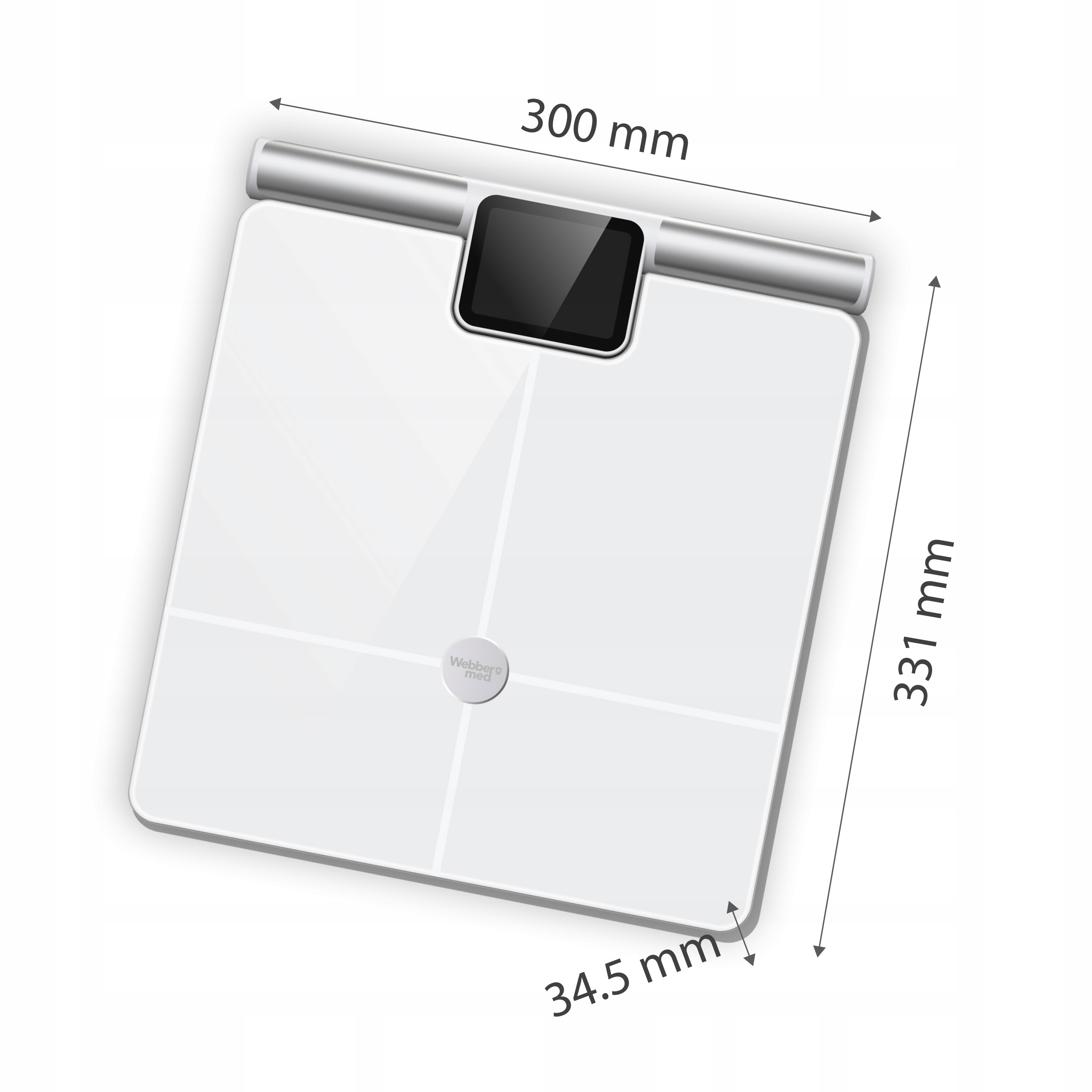 Biała waga cyfrowa z czarnym wyświetlaczem. Wymiary wskazane strzałkami: 300 mm, 331 mm i 34,5 mm.