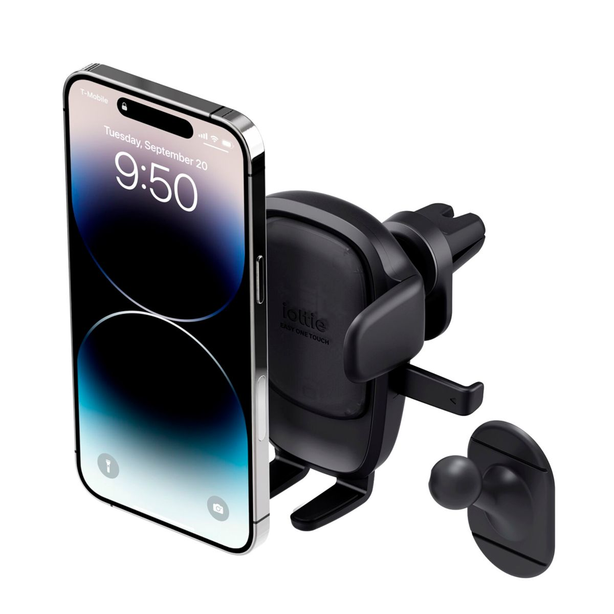 Un iPhone 14 Pro è in un supporto per auto Iottie nero. Il telefono mostra data e ora. Accanto c'è un supporto aggiuntivo.