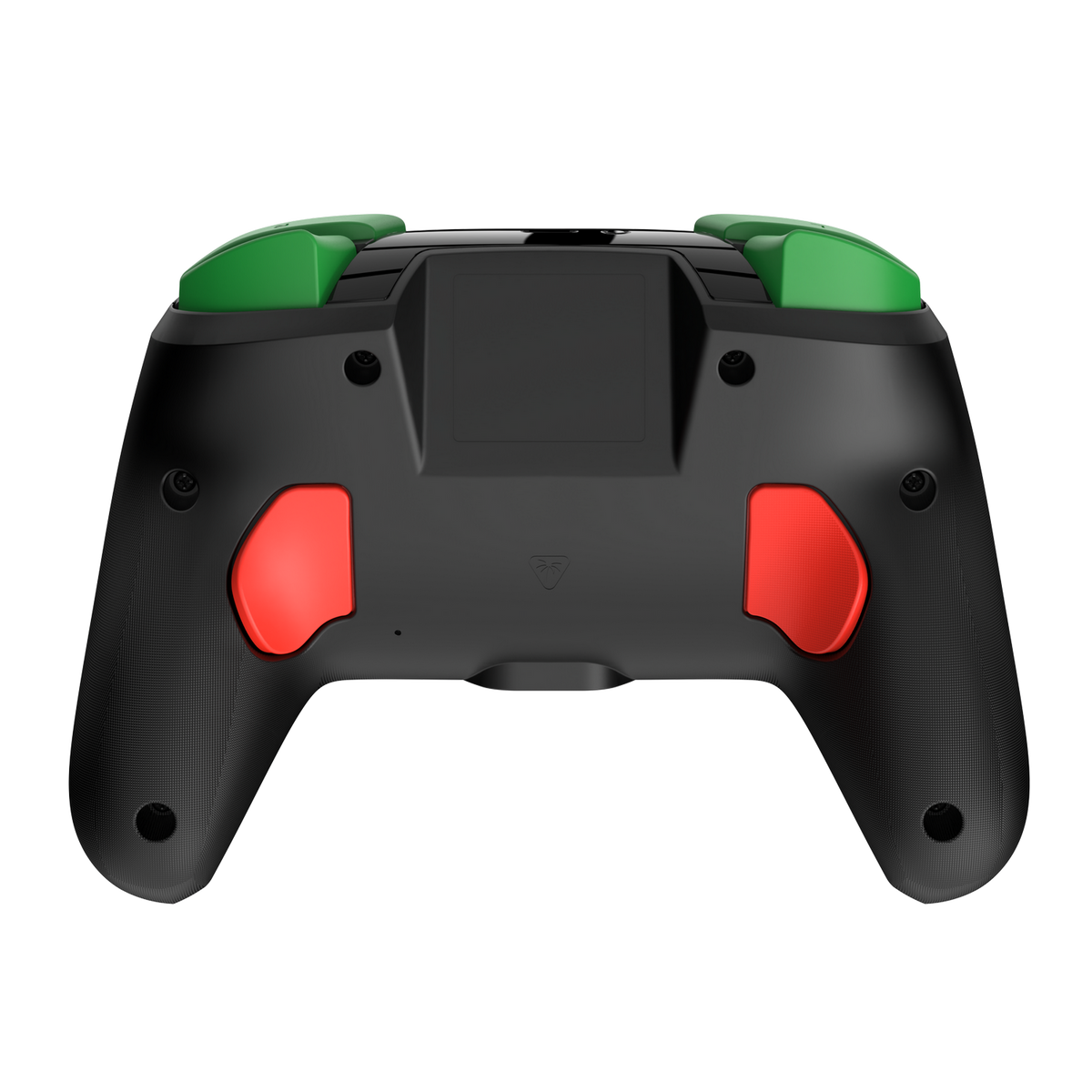 Schwarzer Gamecontroller mit grünen oberen Tasten und roten unteren Tasten, auf schwarzem Hintergrund.