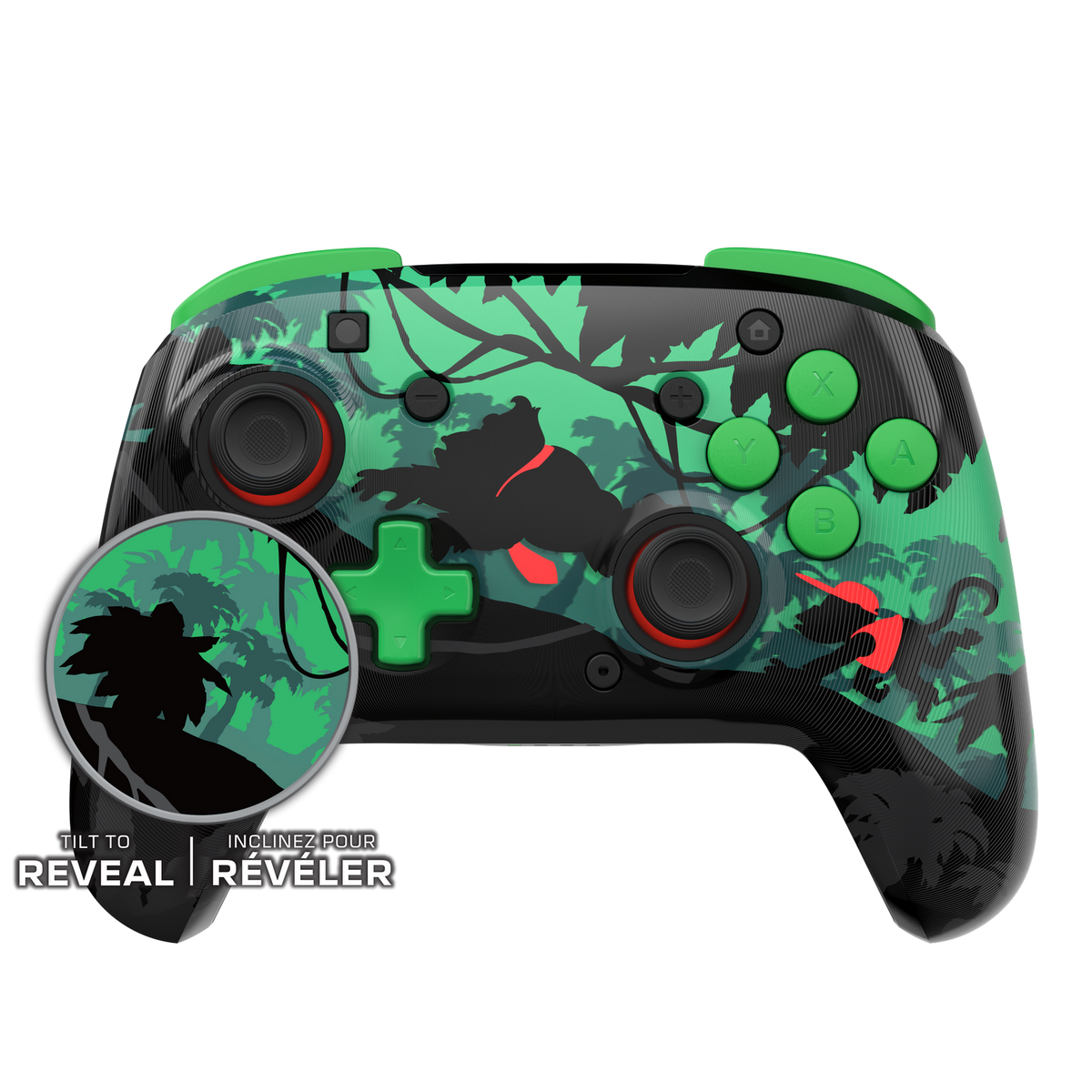 Ein grün-schwarzer Game-Controller mit Dschungel-Design, einem Gorilla-Schattenbild und grünen Knöpfen. Unten steht ein Text zum Aufdecken.