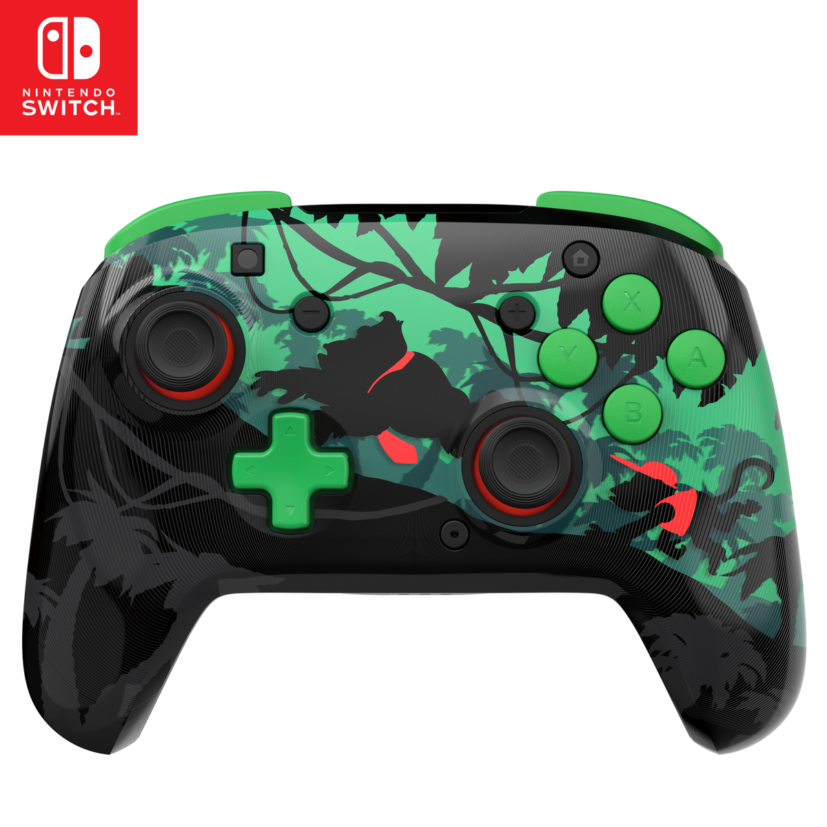 Ein Nintendo Switch-Controller mit Donkey Kong-Design. Er hat eine schwarze Basis mit grünen und schwarzen Dschungelgrafiken und grünen Knöpfen.
