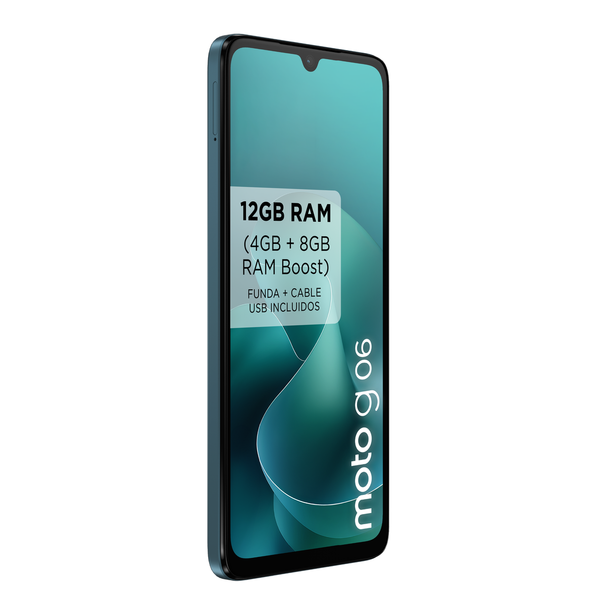 Turkusowy smartfon Moto G06 wyświetla informacje o pamięci RAM (12 GB). Zawiera etui i kabel USB. Telefon na białym tle.