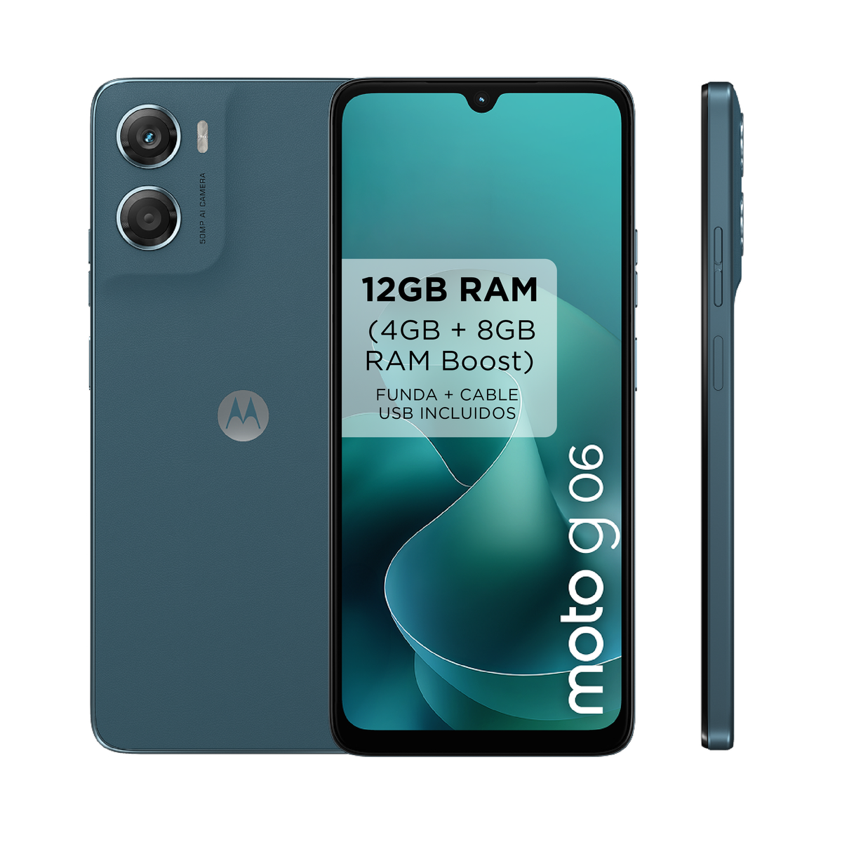 Turkusowy smartfon Moto G06. Wyświetla 12 GB RAM, szczegóły aparatu i logo marki. Widok z boku pokazuje przyciski.