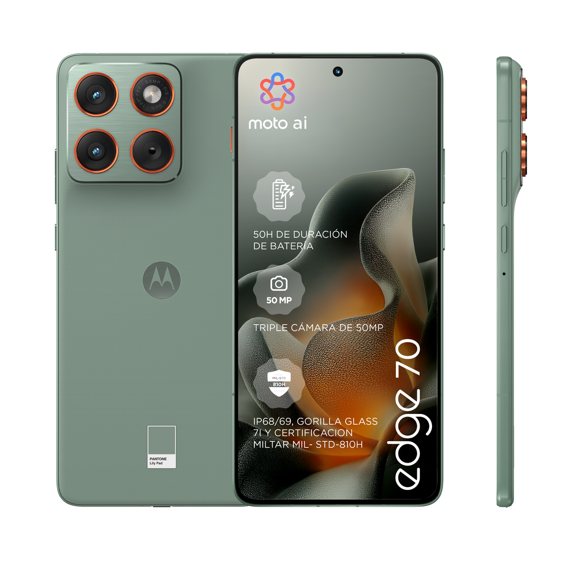 Zielony telefon Motorola Edge 70 jest pokazany z wielu kątów. Ma potrójny aparat, a ekran wyświetla informacje.