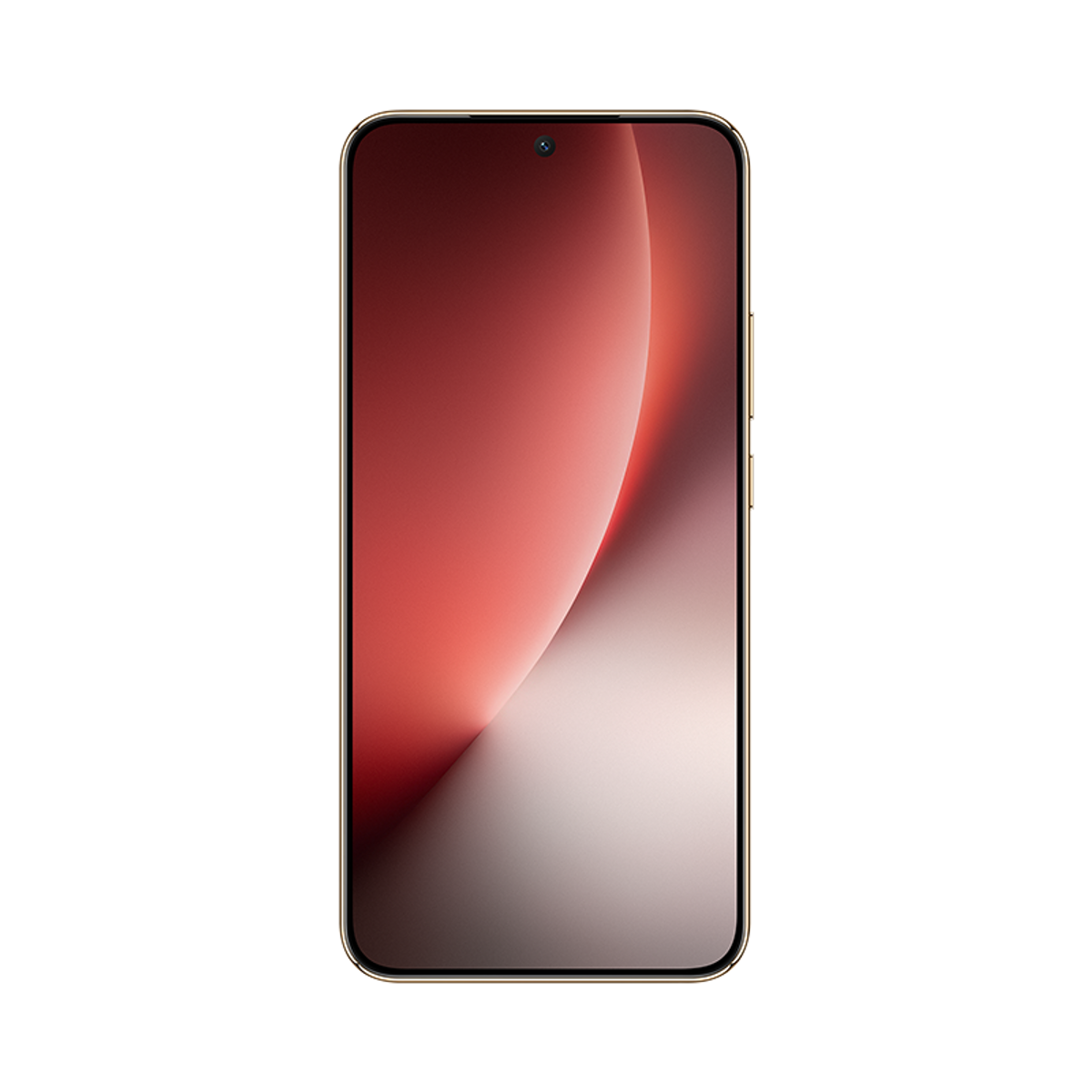 Smartfon ze złotą ramką i czerwono-białym gradientem na ekranie, na czarnym tle.