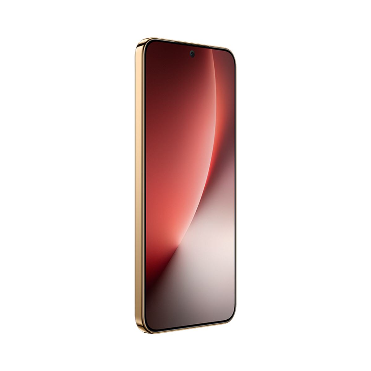 Złoty smartfon z czerwono-białym gradientem na ekranie jest wyświetlany na czarnym tle. Telefon jest pochylony w prawo.