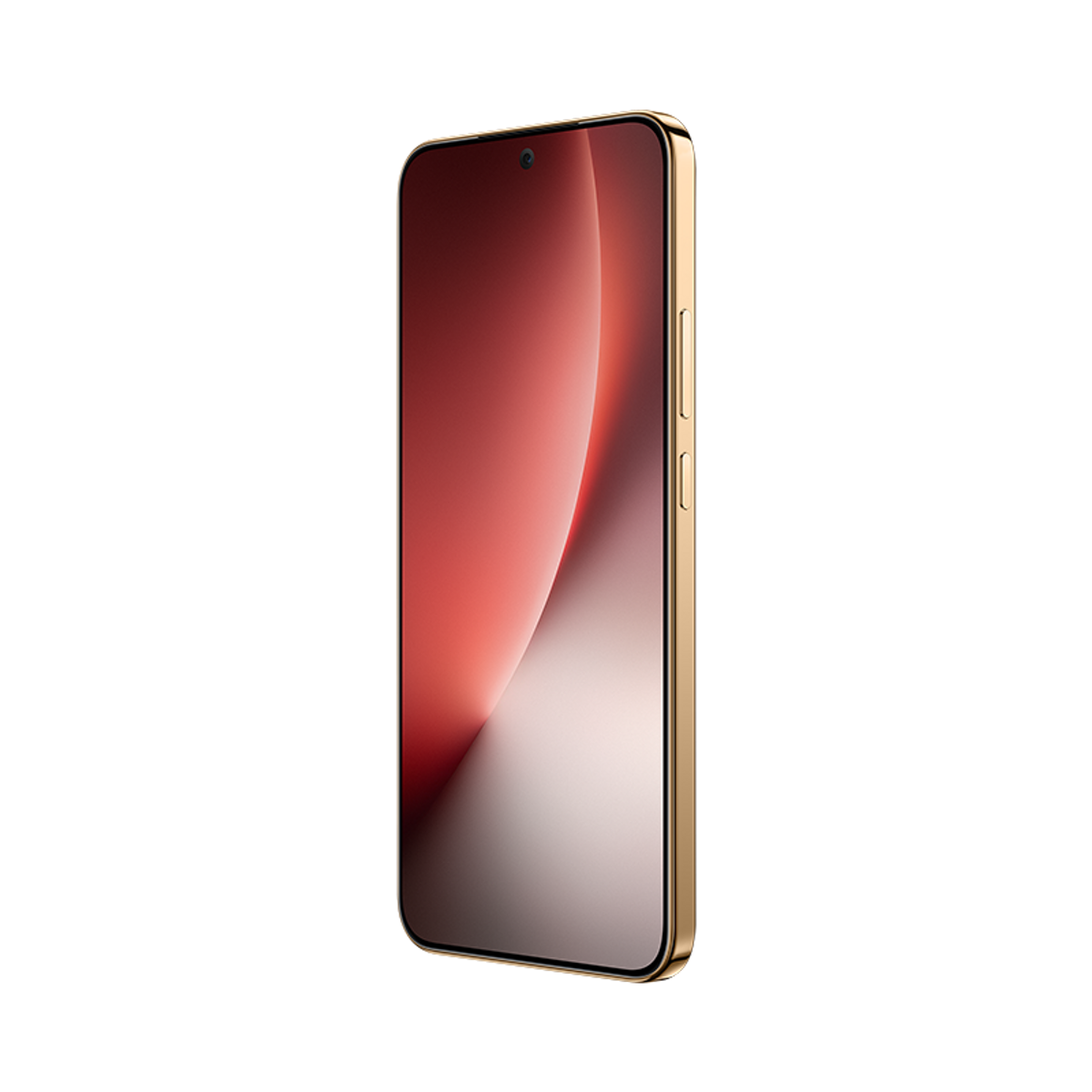 Złoty smartfon na czarnym tle. Ekran wyświetla gradient czerwieni, bieli i szarości. Telefon ma przyciski z boku.
