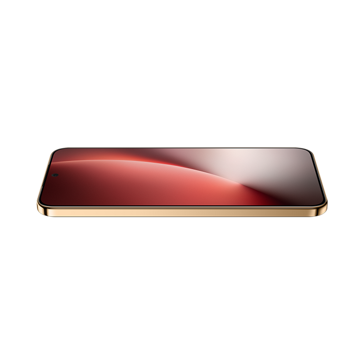 Złoty smartfon z czerwonym ekranem na czarnym tle. Ekran ma efekt gradientu.