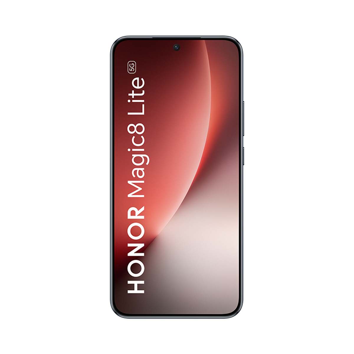 Uno smartphone con uno schermo che sfuma dal rosso al bianco. Il telefono è nero con le parole HONOR Magic8 Lite.