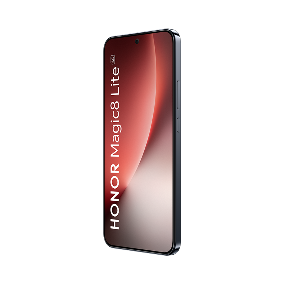 Uno smartphone, Honor Magic8 Lite 5G, è in mostra. Lo schermo ha una sfumatura rossa e bianca. Sfondo nero.