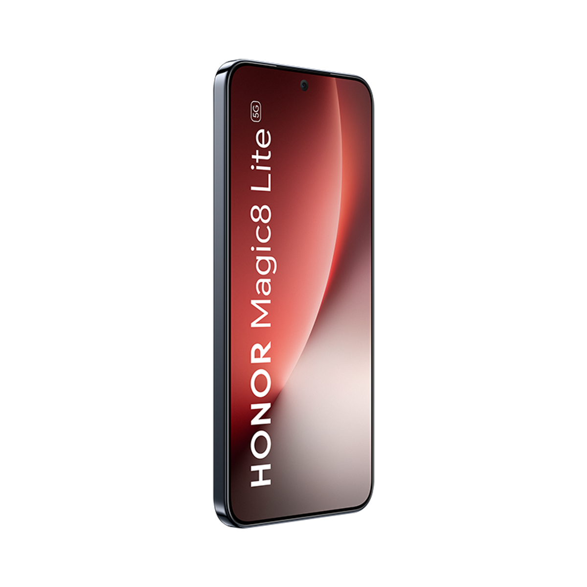 Uno smartphone, HONOR Magic8 Lite, con cornice nera e schermo che mostra una sfumatura rossa e bianca su sfondo nero.