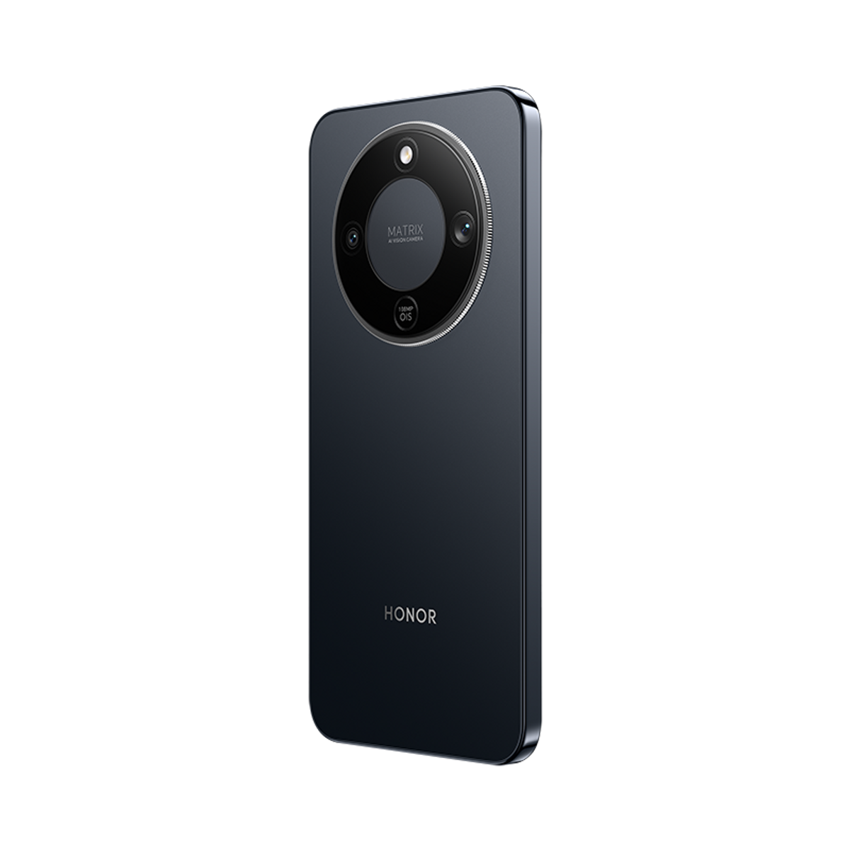 Uno smartphone blu scuro con un modulo fotocamera a tripla lente. Il marchio HONOR è stampato in basso, su sfondo nero.