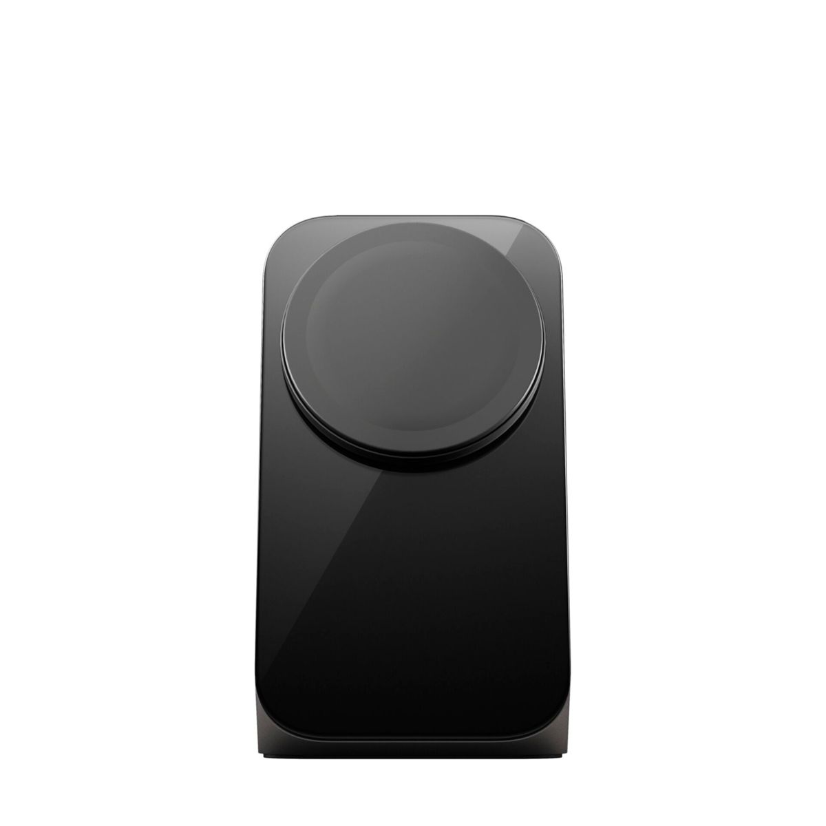 Ein schlankes, schwarzes Gerät mit rundem Oberteil und rechteckiger Basis. Die Oberseite hat ein kreisförmiges Design. Weißer Hintergrund.