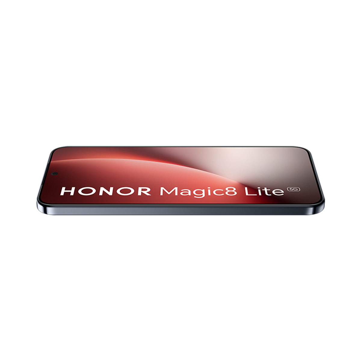 Viene mostrato uno smartphone, HONOR Magic8 Lite 5G. Lo schermo mostra una sfumatura rossa e bianca. Lo sfondo è nero.