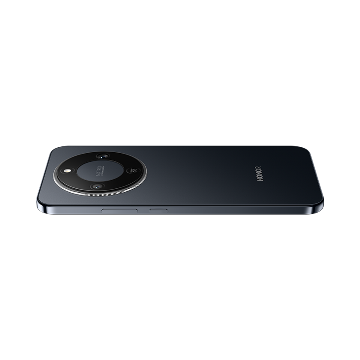 Uno smartphone blu scuro con un modulo fotocamera circolare è in mostra. Il telefono è angolato, mostrando il logo HONOR.