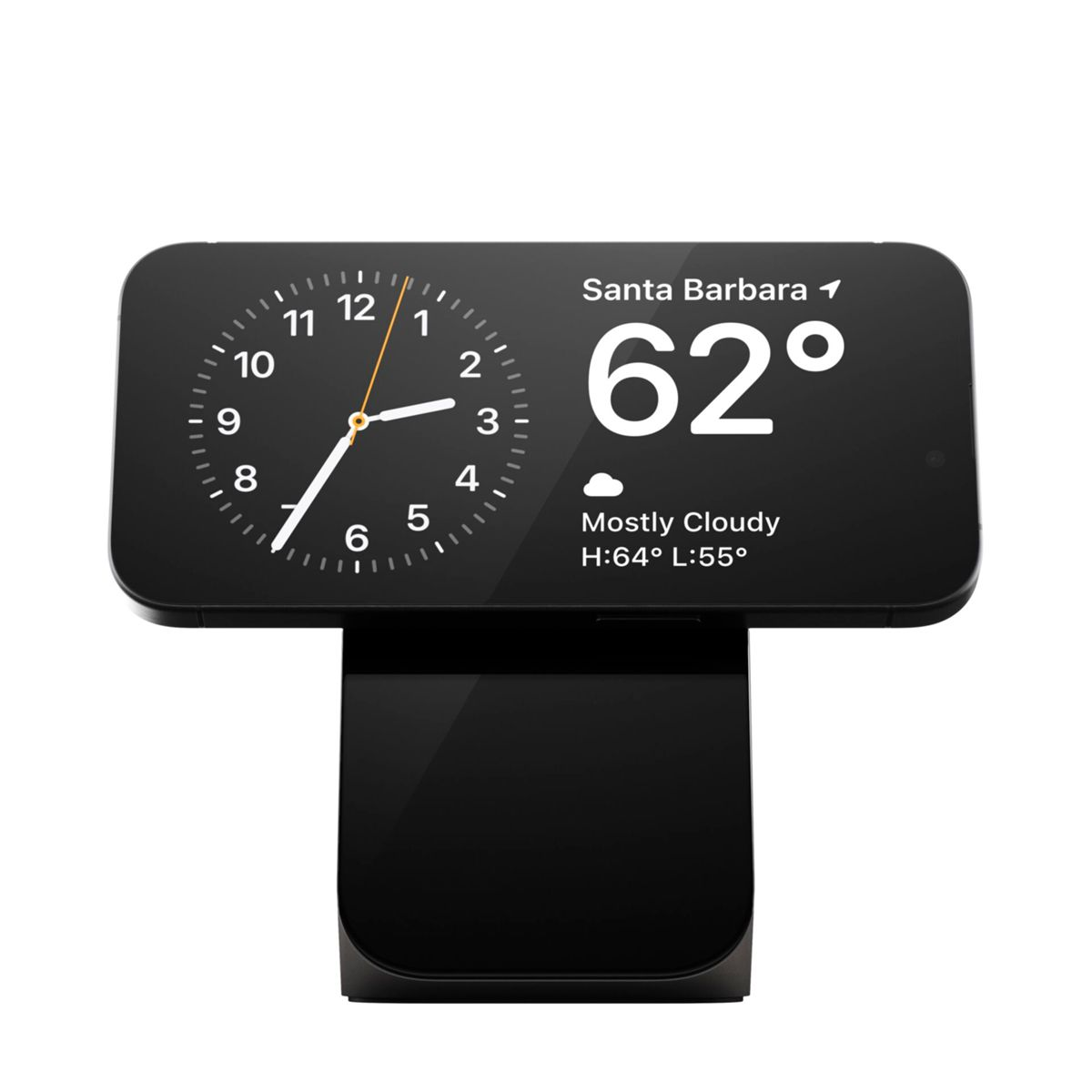 Ein schwarzes Gerät zeigt Uhrzeit und Wetterinformationen an. Es zeigt 62 Grad in Santa Barbara und es ist überwiegend bewölkt.
