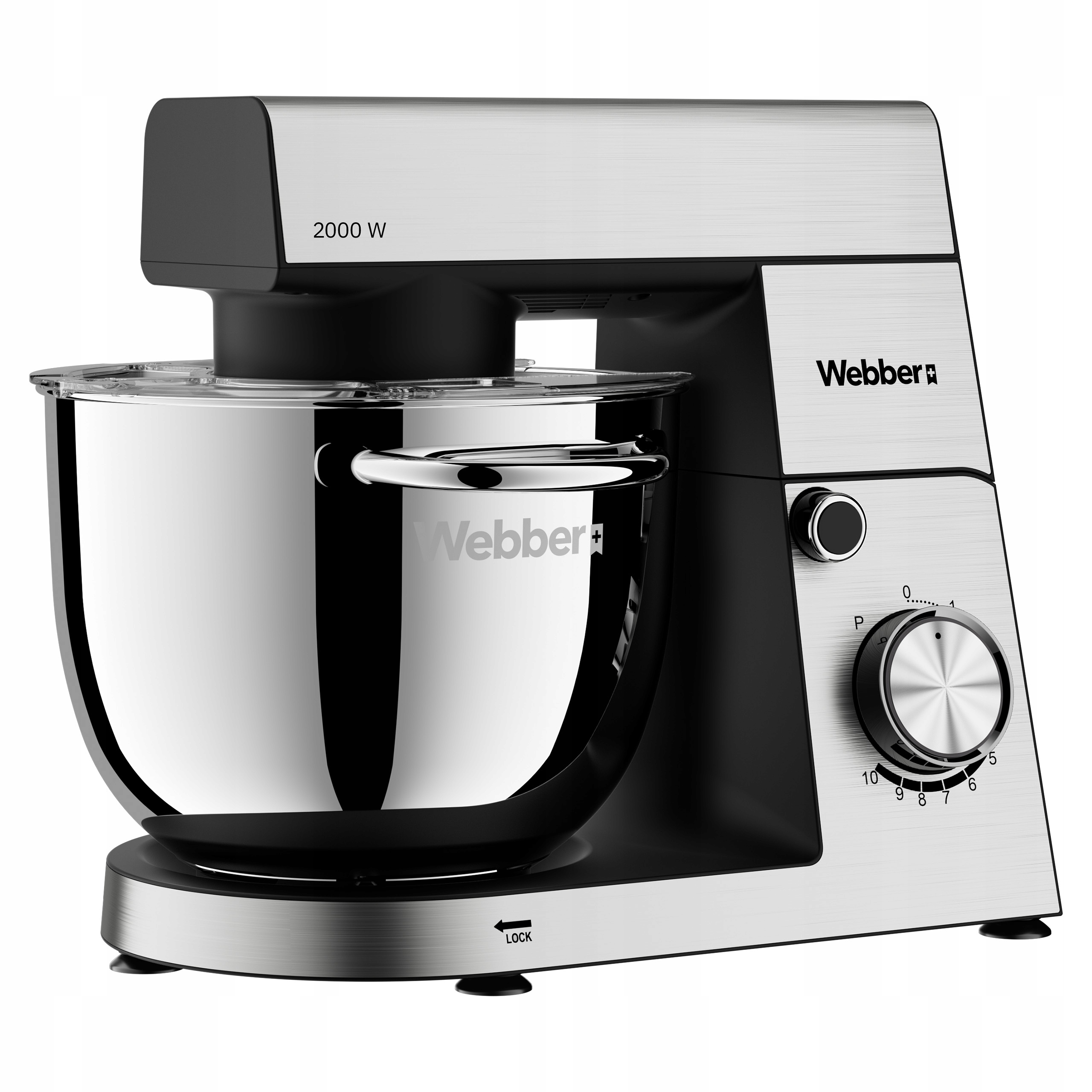 Srebrno-czarny mikser stojący Webber. Ma dużą misę, pokrętło prędkości i czarną górną część.