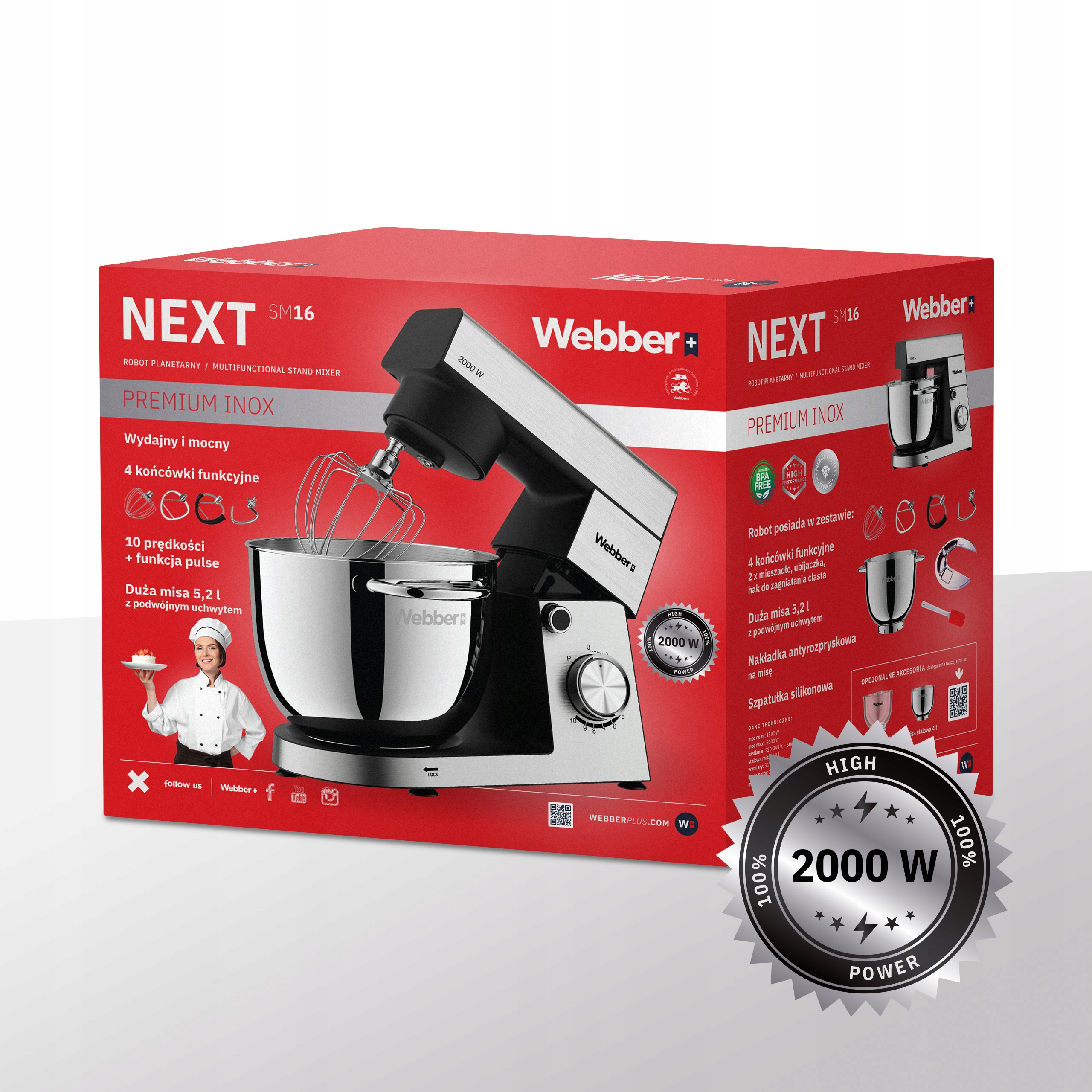 Mikser z dużą misą ze stali nierdzewnej, czarnym i srebrnym korpusem oraz szefem kuchni trzymającym ciasto.