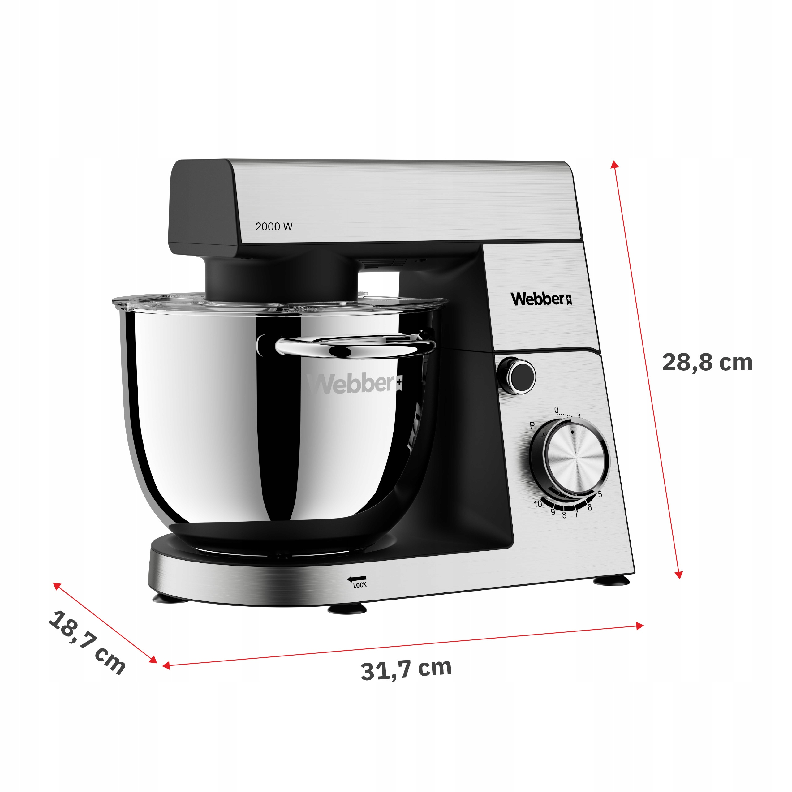 Srebrny i czarny mikser stojący Webber. Wymiary są zaznaczone. Pokrętło pokazuje ustawienia prędkości.