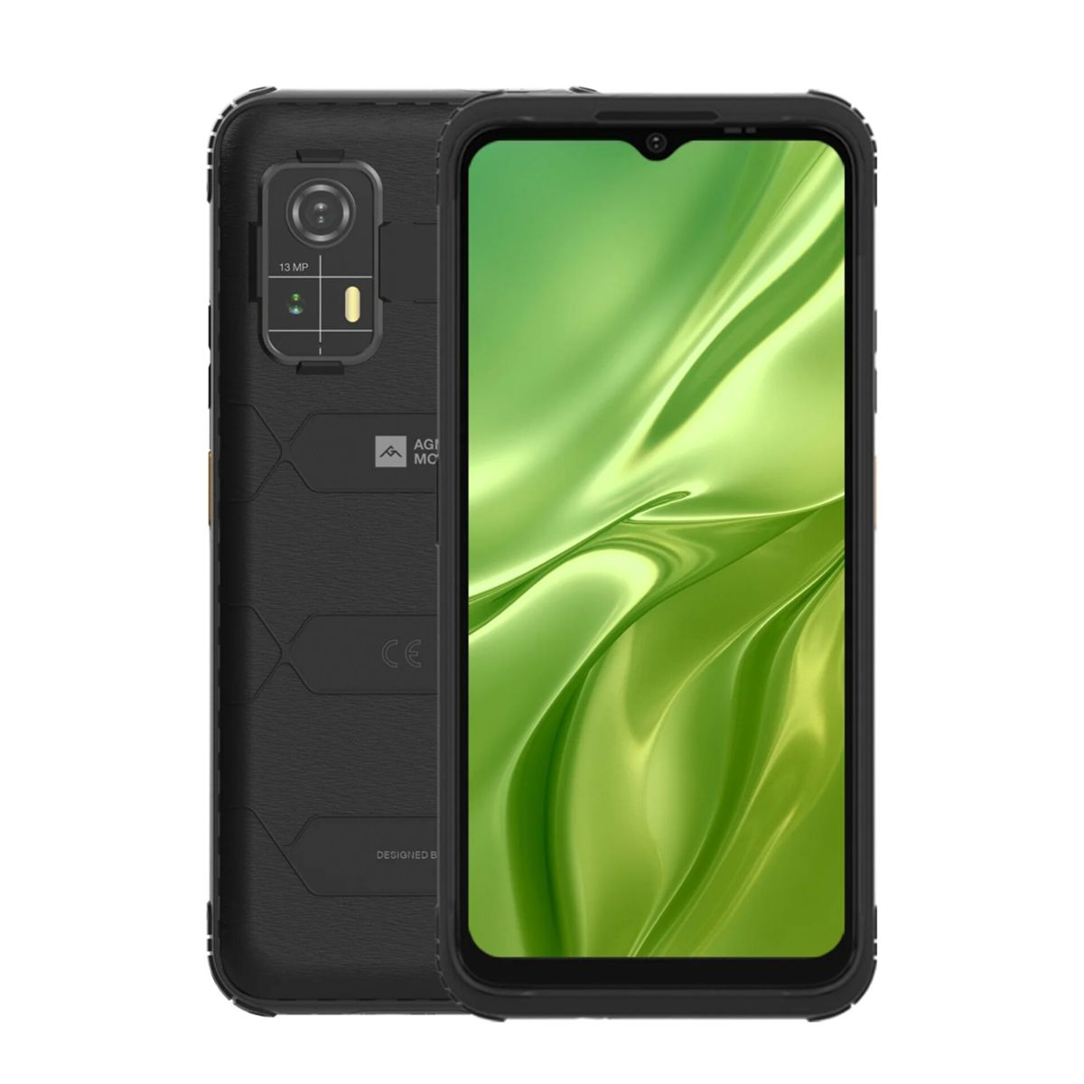 Uno smartphone nero con schermo verde. Il retro ha una fotocamera e un logo. Lo schermo mostra forme astratte verdi.