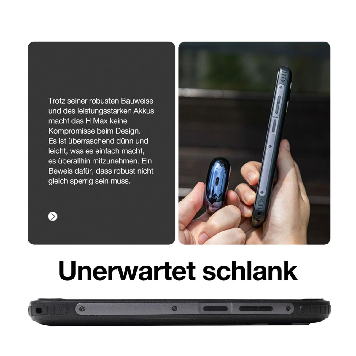Una mano che tiene un telefono nero e un auricolare blu. Il testo a sinistra dice che il telefono è sorprendentemente sottile.