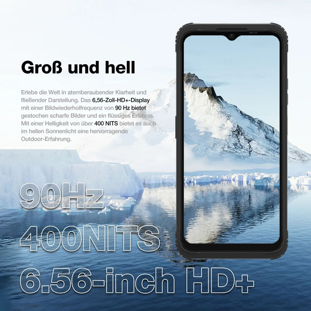 Uno smartphone con cornice nera mostra una scena di montagna innevata. Il testo evidenzia le caratteristiche dello schermo: 90Hz, 400 NITS e 6,56 pollici HD+.