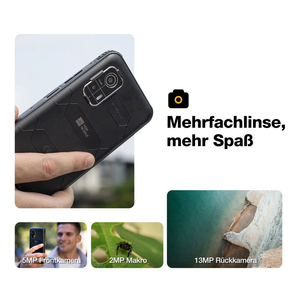 Uno smartphone nero viene tenuto, mostrando la fotocamera posteriore. Sotto ci sono immagini della fotocamera frontale, macro e fotocamera posteriore.
