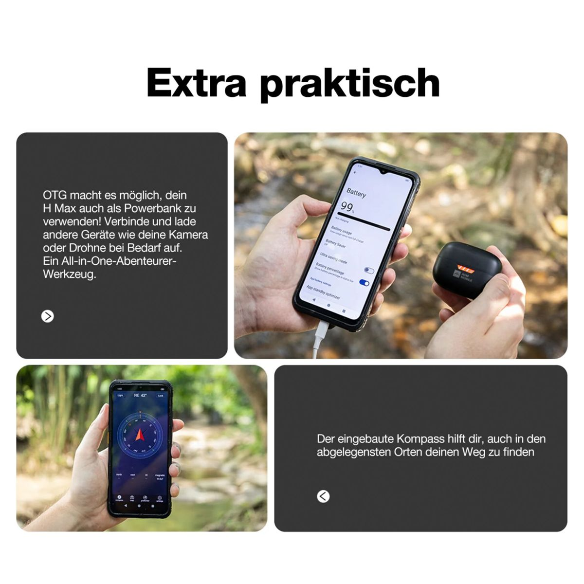 Una persona tiene in mano un telefono che mostra la percentuale della batteria e un'app bussola. Sono presenti anche un auricolare wireless e testo sulle funzioni del power bank.