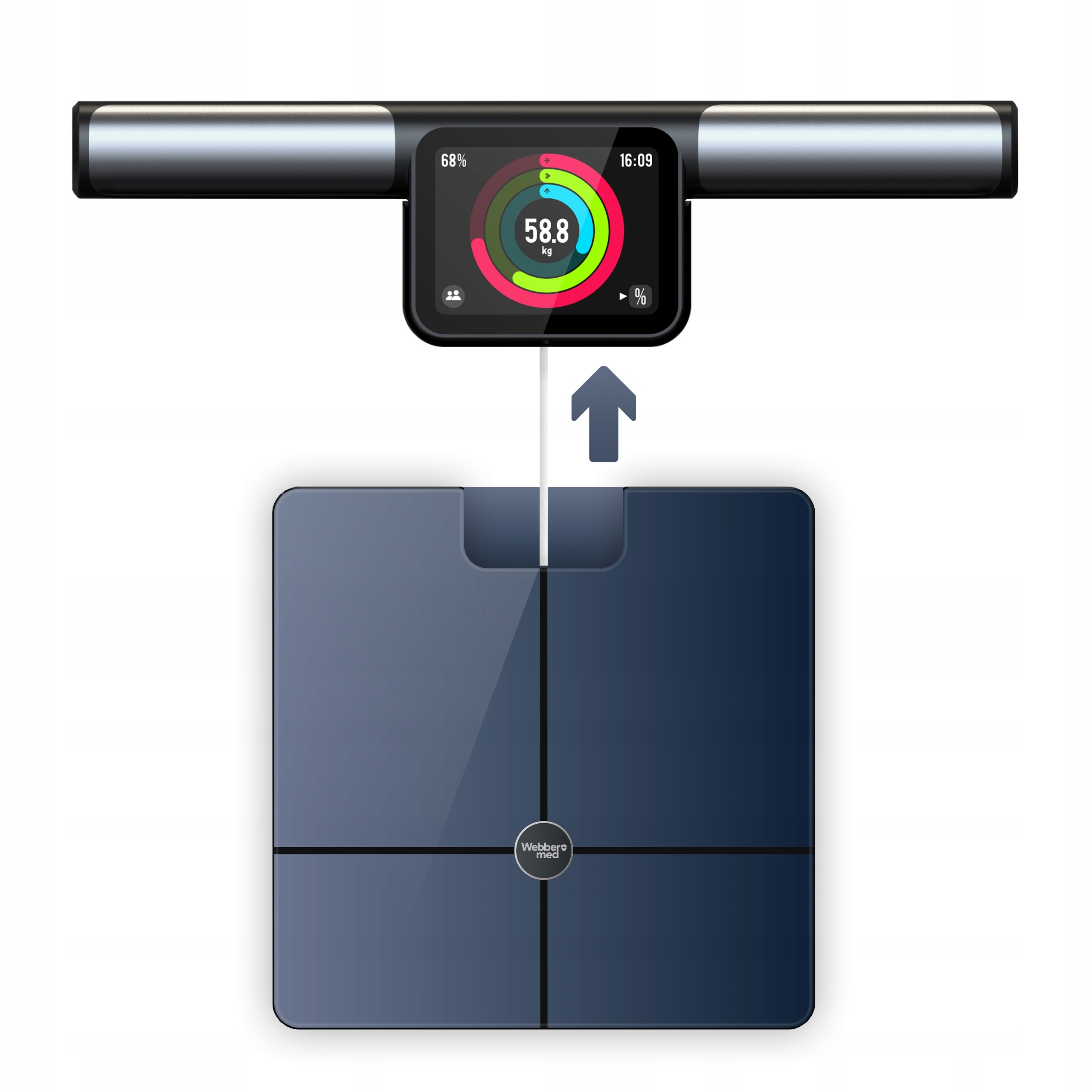 Waga cyfrowa z wyświetlaczem wagi i połączonym paskiem wyświetlacza. Waga jest granatowa.