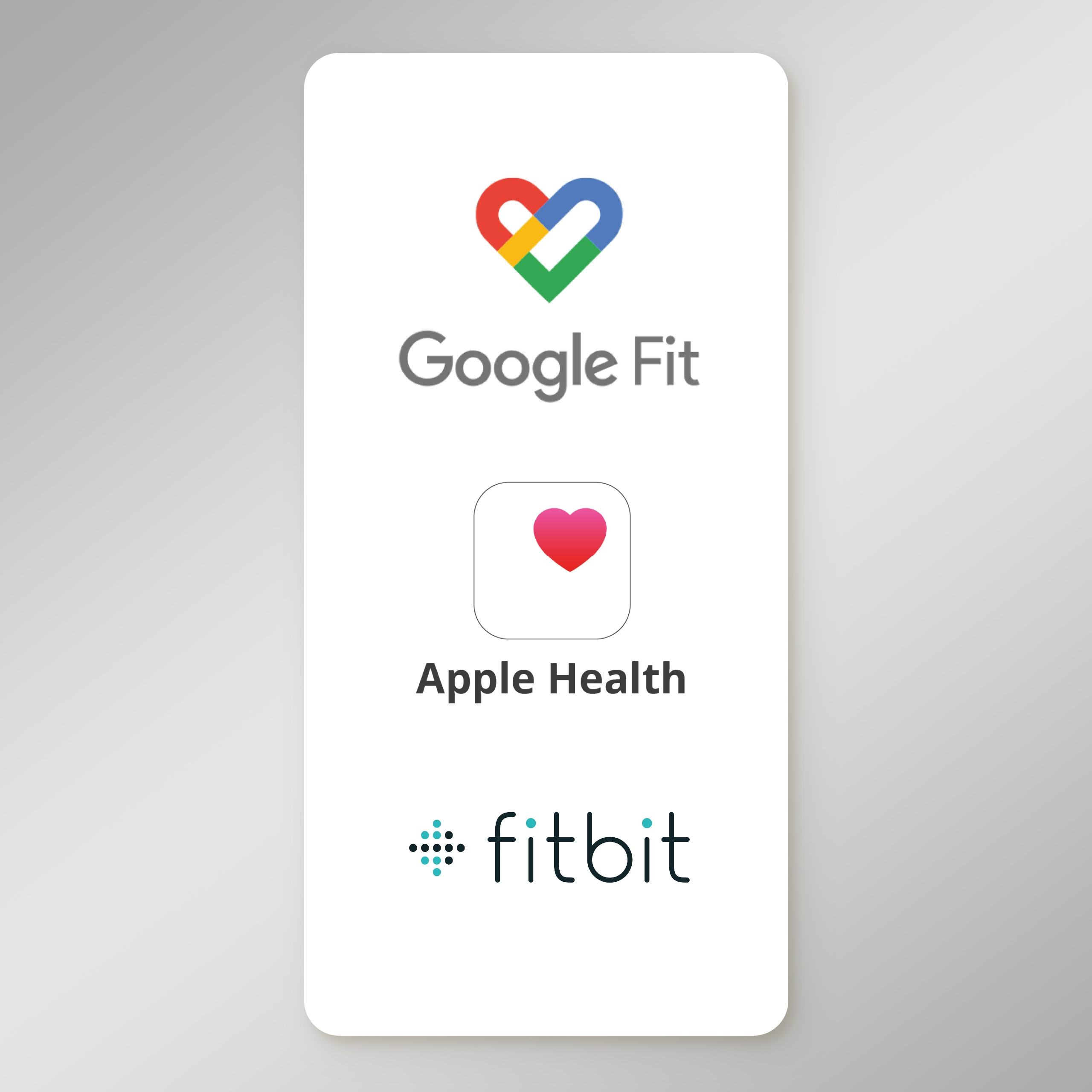 Obraz przedstawia białe tło z trzema logotypami: Google Fit, Apple Health i Fitbit, wszystkie związane ze zdrowiem.