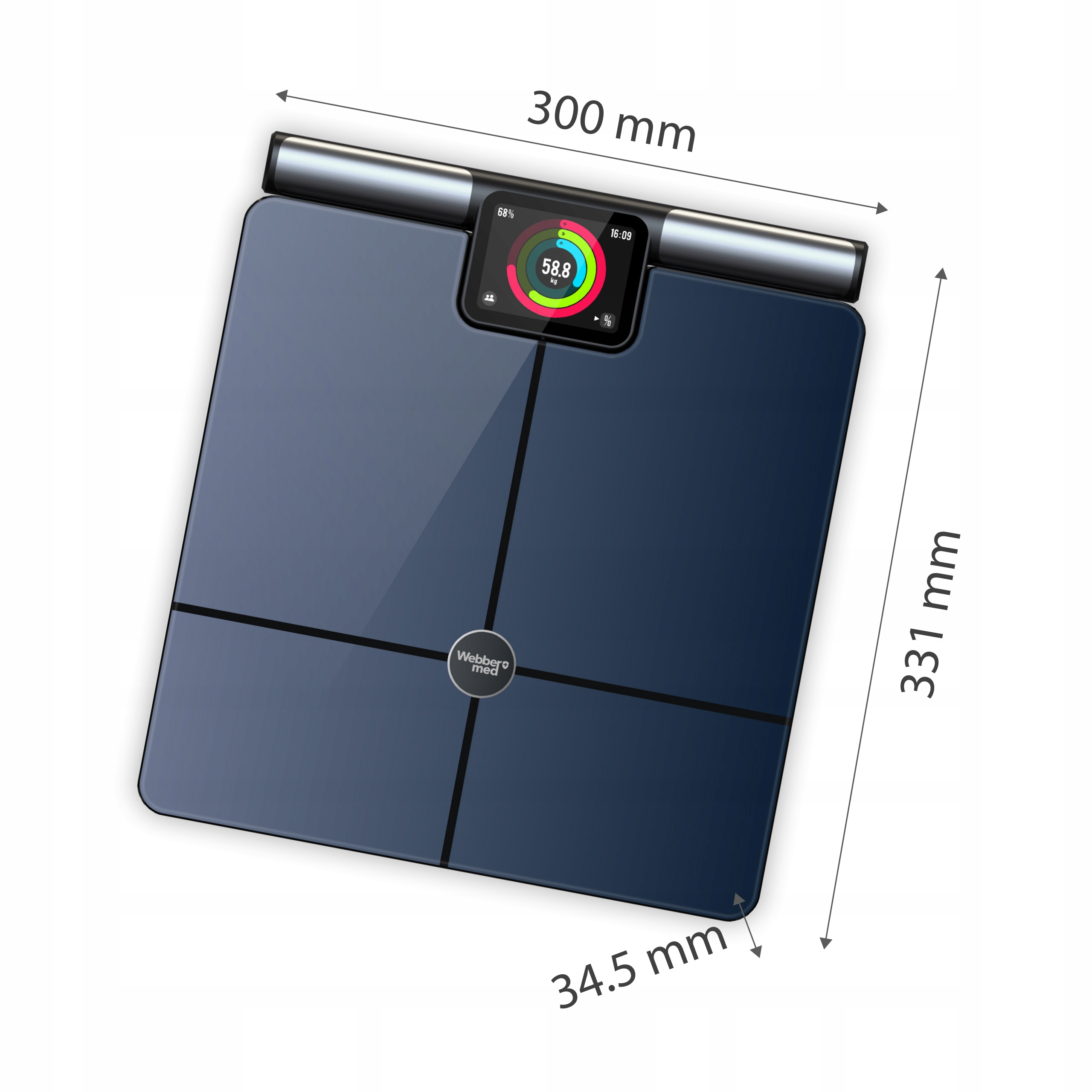 Ciemnoniebieska inteligentna waga z cyfrowym wyświetlaczem. Wymiary są wskazane. Waga ma srebrny pasek na górze.