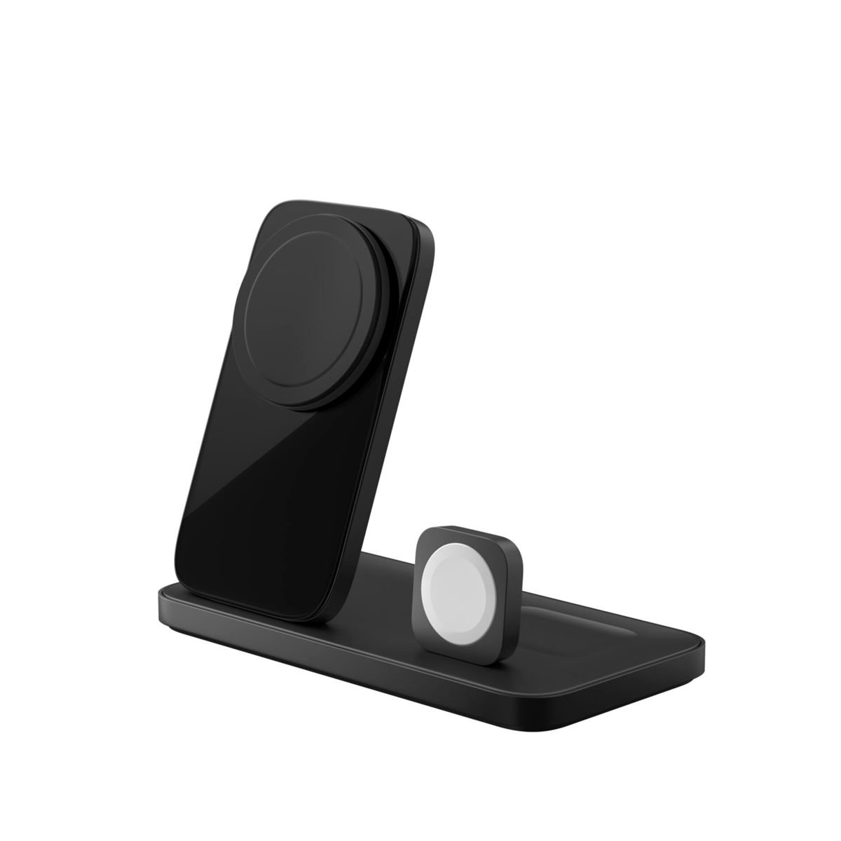 Eine schwarze kabellose Ladestation für ein Telefon und eine Smartwatch. Es hat zwei Ladestellen, eine vertikale und eine horizontale.