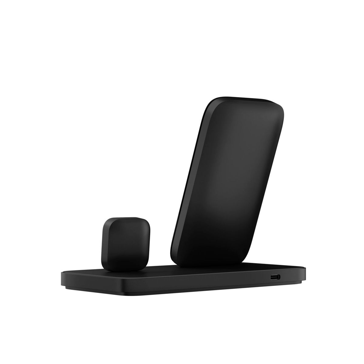 Eine schwarze kabellose Ladestation mit einem telefonförmigen Ständer, einem kleinen quadratischen Pad und einer rechteckigen Basis auf Weiß.