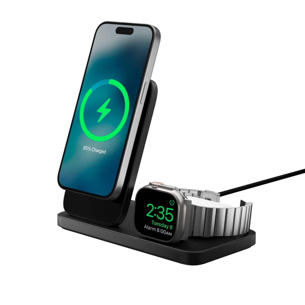 Ein Telefon, das sich auflädt und 85 % Ladezustand anzeigt, neben einer Uhr mit der Anzeige 2:35. Beides auf einer schwarzen Ladestation.