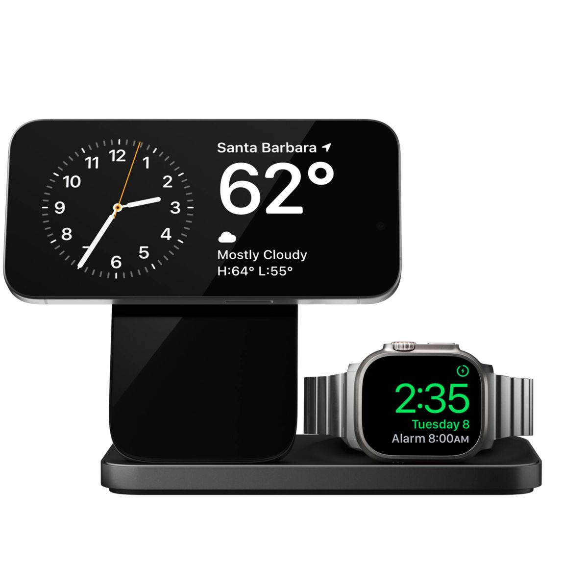 Eine Ladestation mit einer Apple Watch und einem Telefon. Das Telefon zeigt Zeit und Wetter an, die Uhr Zeit und Datum.